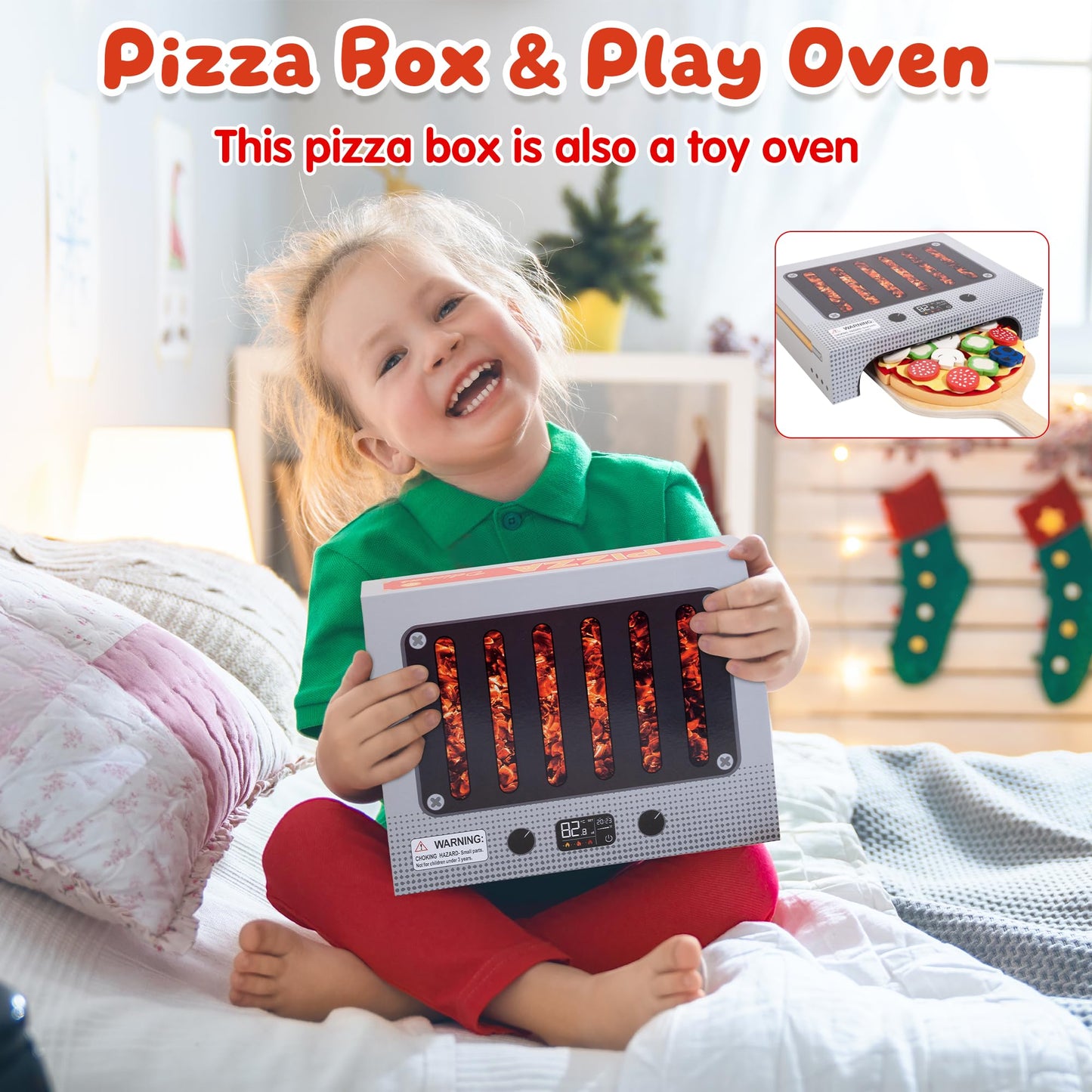 WOODMAM Pizza Toy Set | Montessori Realistic Play Food with Oven Box for Kids Ages 3–6