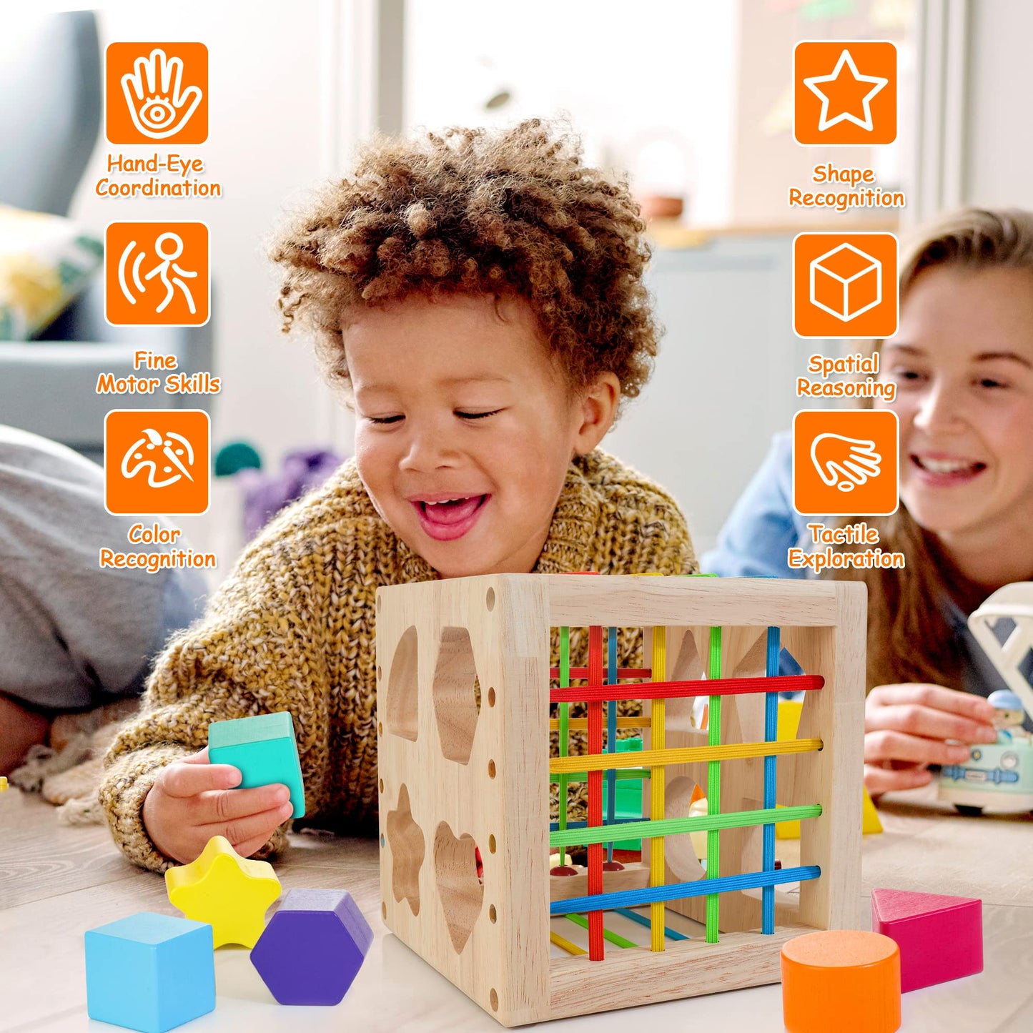 WOODMAM HELLOWOOD Montessori Shape Sorter Cube – 8 Rattling Shapes (1+ Year)