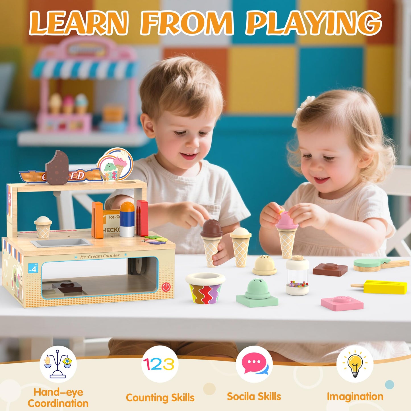 WOODMAM Foldable Wooden Ice Cream Counter – 52-Piece Pretend Play Set for Kids