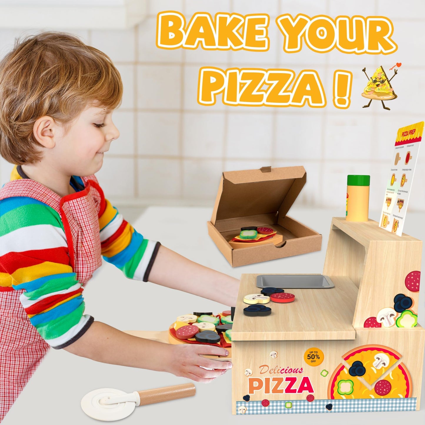 WOODMAM 48-Piece Wooden Pizza Toy – Montessori Pretend Play with Bake Oven