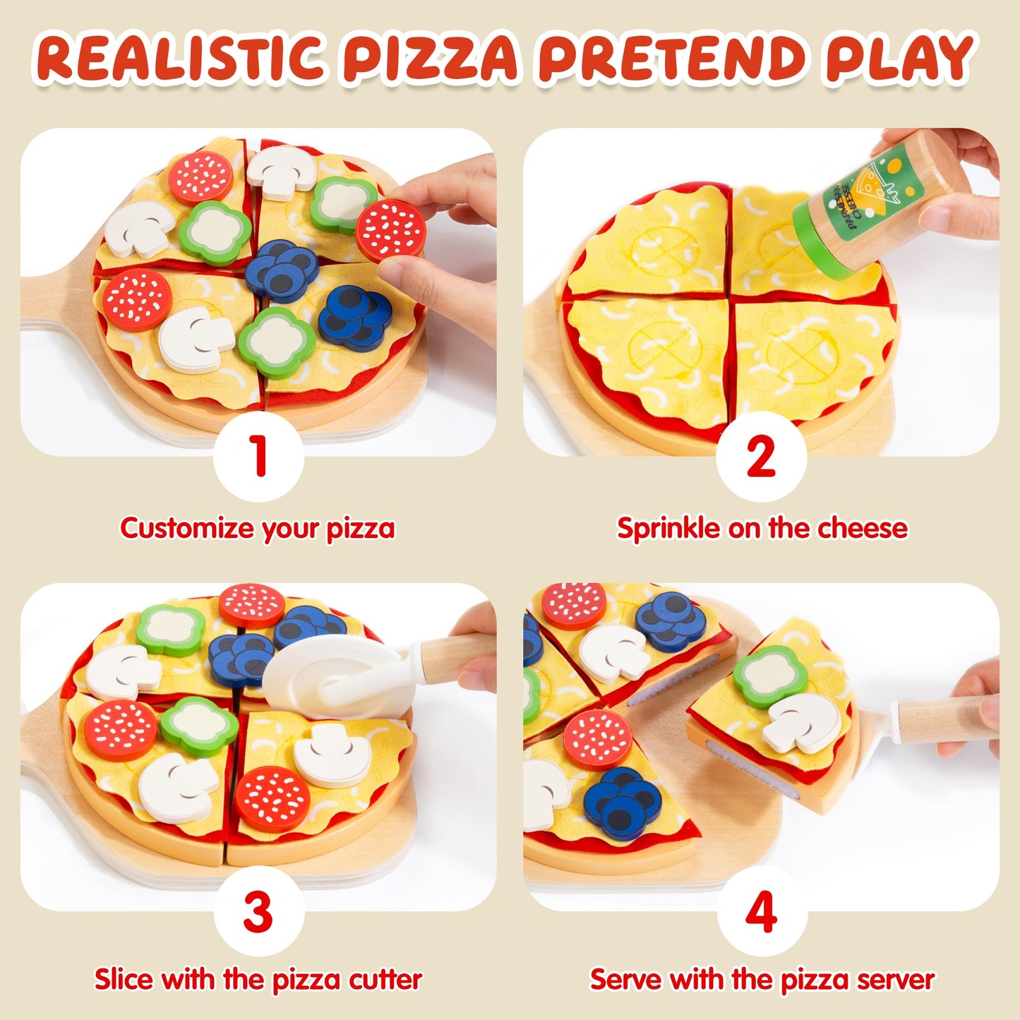 WOODMAM Pizza Toy Set | Montessori Realistic Play Food with Oven Box for Kids Ages 3–6