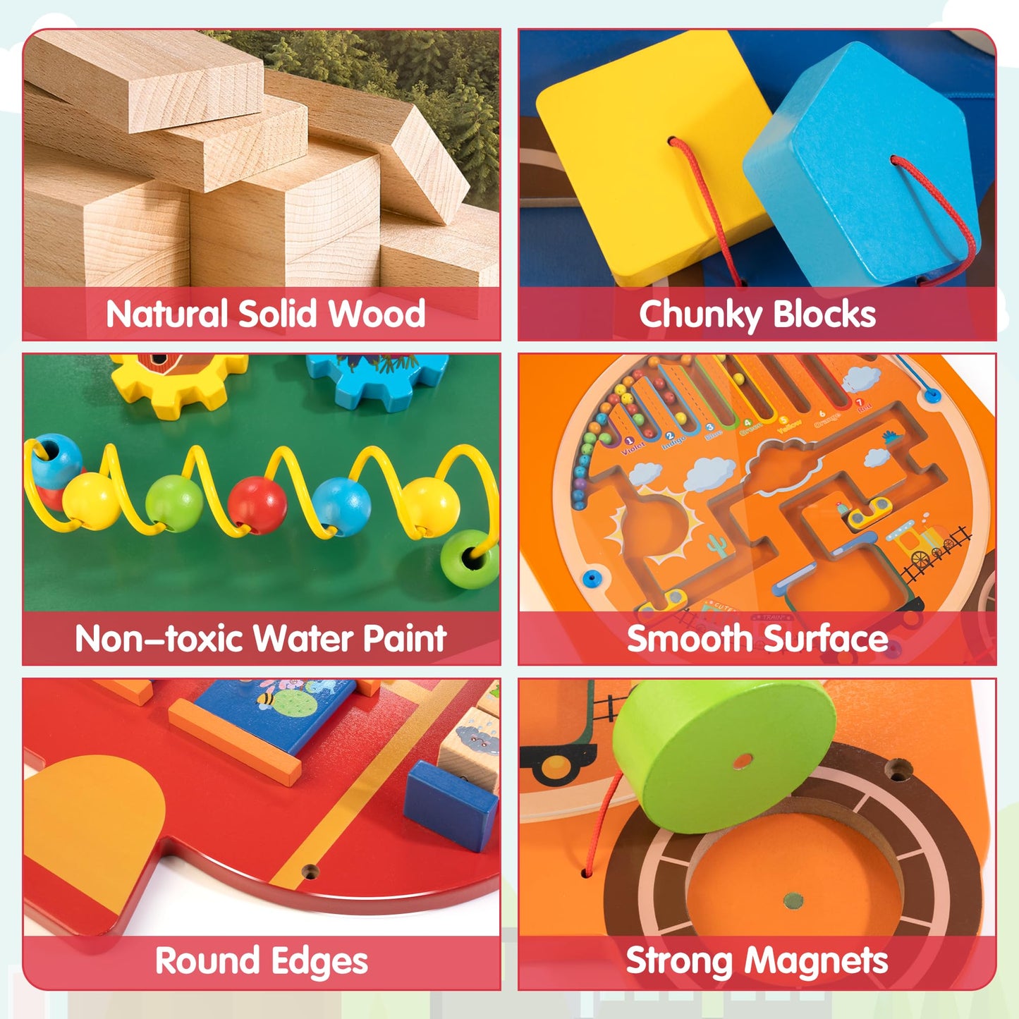 WOODMAM Train Activity Wall Panel — 11-in-1 Montessori Sensory Wall for Kids