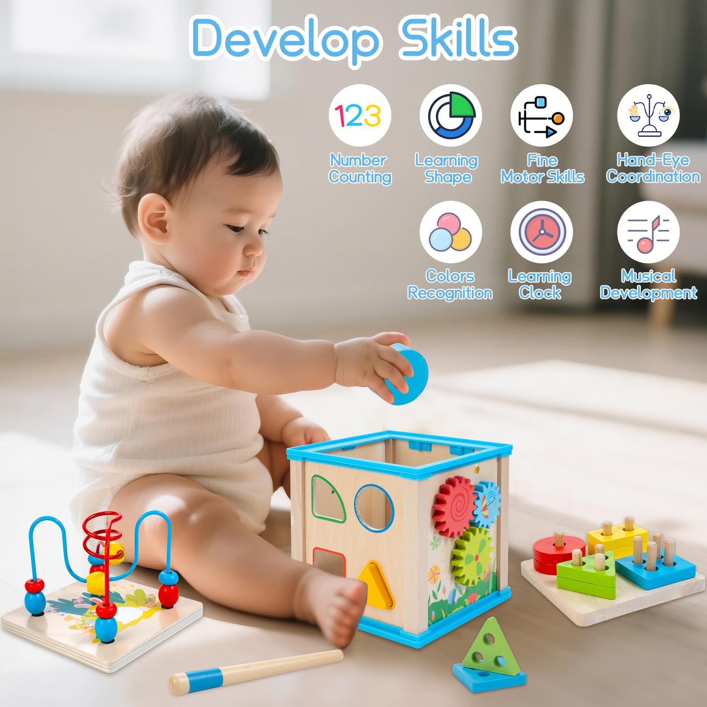 WOODMAM Wooden 7-in-1 Activity Cube for Toddlers | Montessori Toy & Learning Gift for 1-Year-Olds