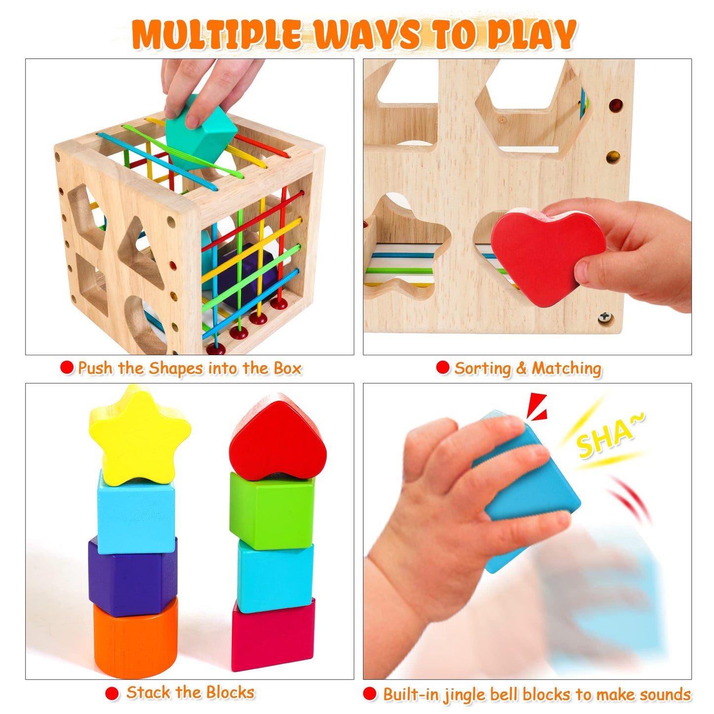 WOODMAM HELLOWOOD Montessori Shape Sorter Cube – 8 Rattling Shapes (1+ Year)