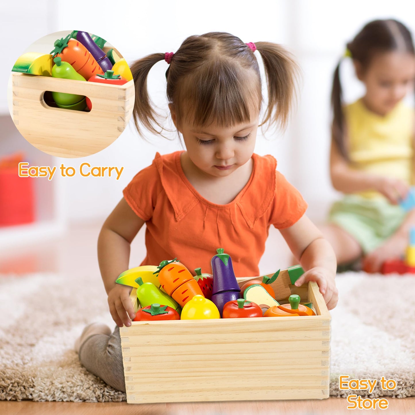 WOODMAM Wooden Play Food & Cutting Set for Toddlers – Pretend Kitchen