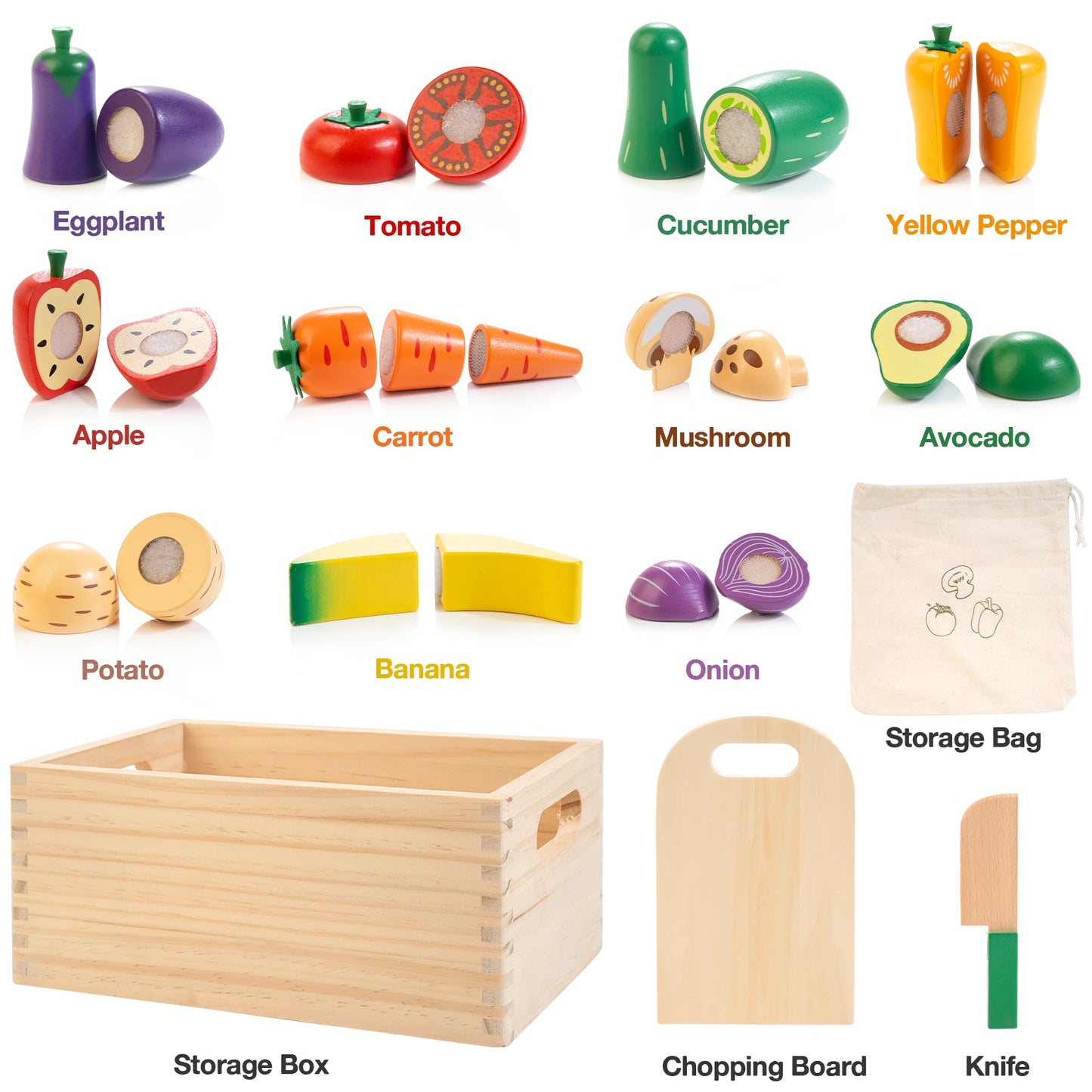 Woodmam Wooden Play Food Set for Kids Kitchen — Cutting Veggies & Fruits with Case