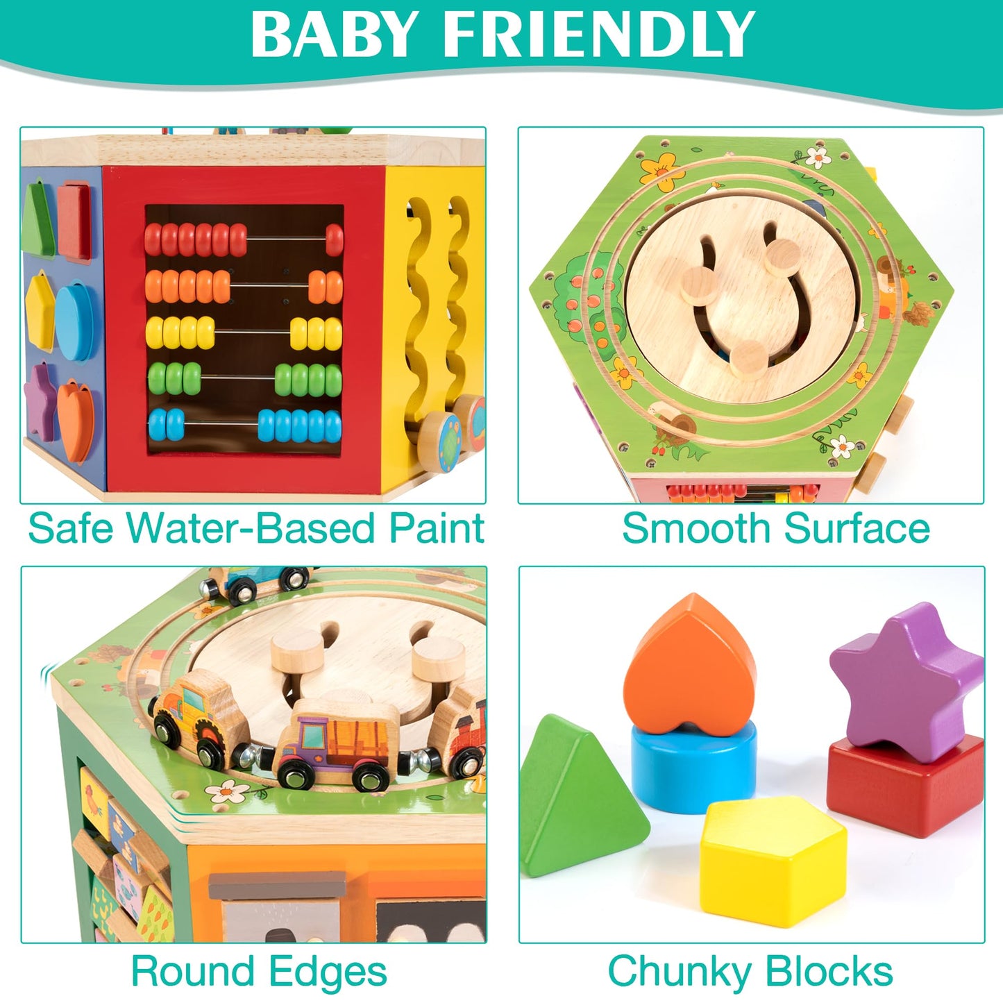 WOODMAM Large Activity Cube – 9-in-1 Farm-Themed Wooden Play Center for 1-2 Year Olds | Bonus Magnetic Train Cars