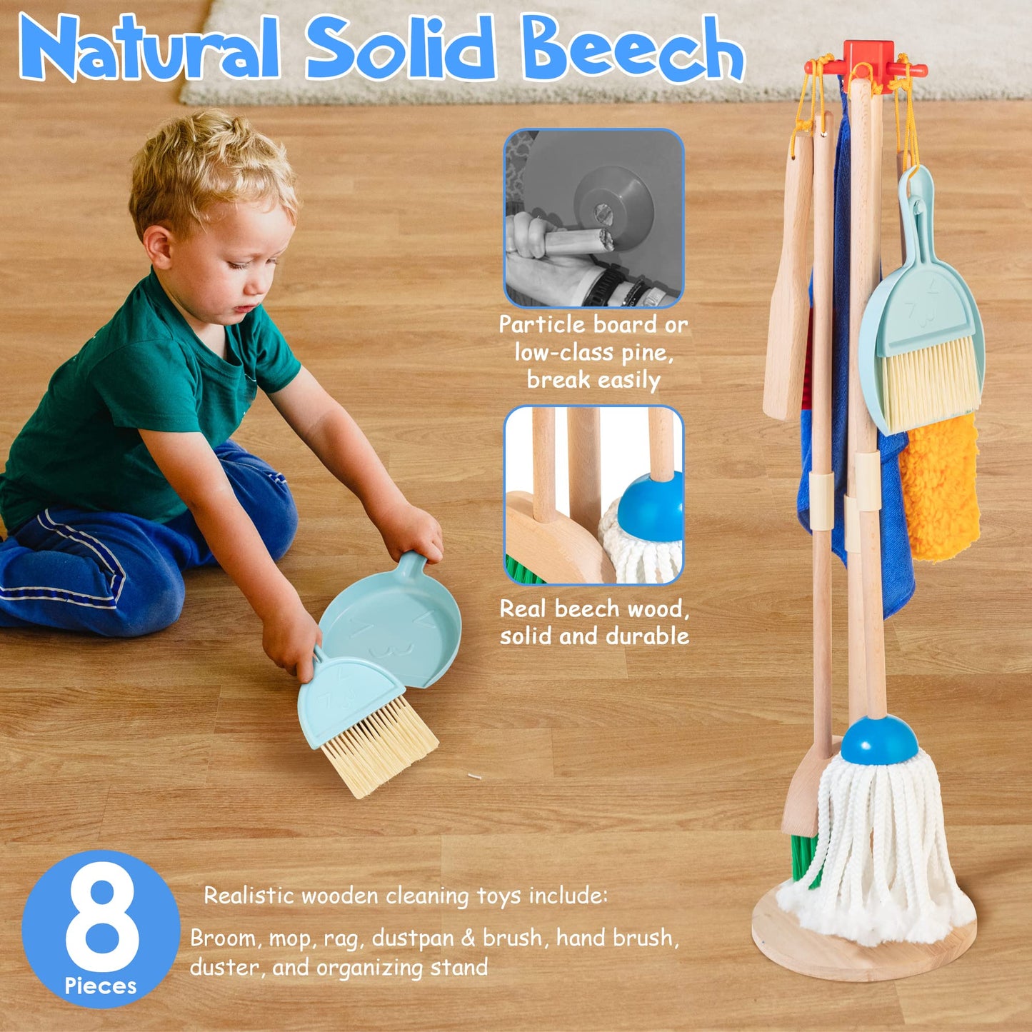 WOODMAM Wooden Kids Cleaning Set – 8-Piece Montessori Pretend Play Toy for Toddlers