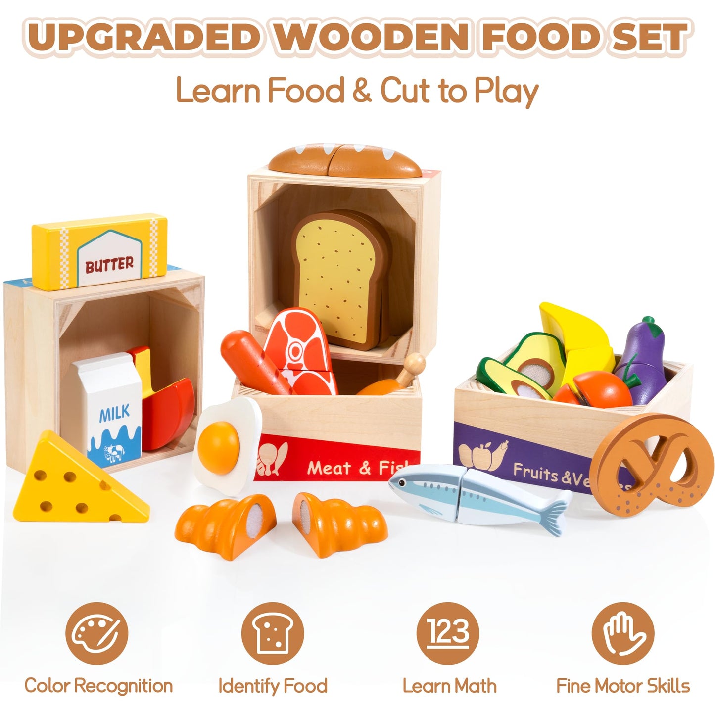 WOODMAM Wooden Play Food Set for Toddlers – Montessori Pretend Kitchen Toys (Ages 3–6)