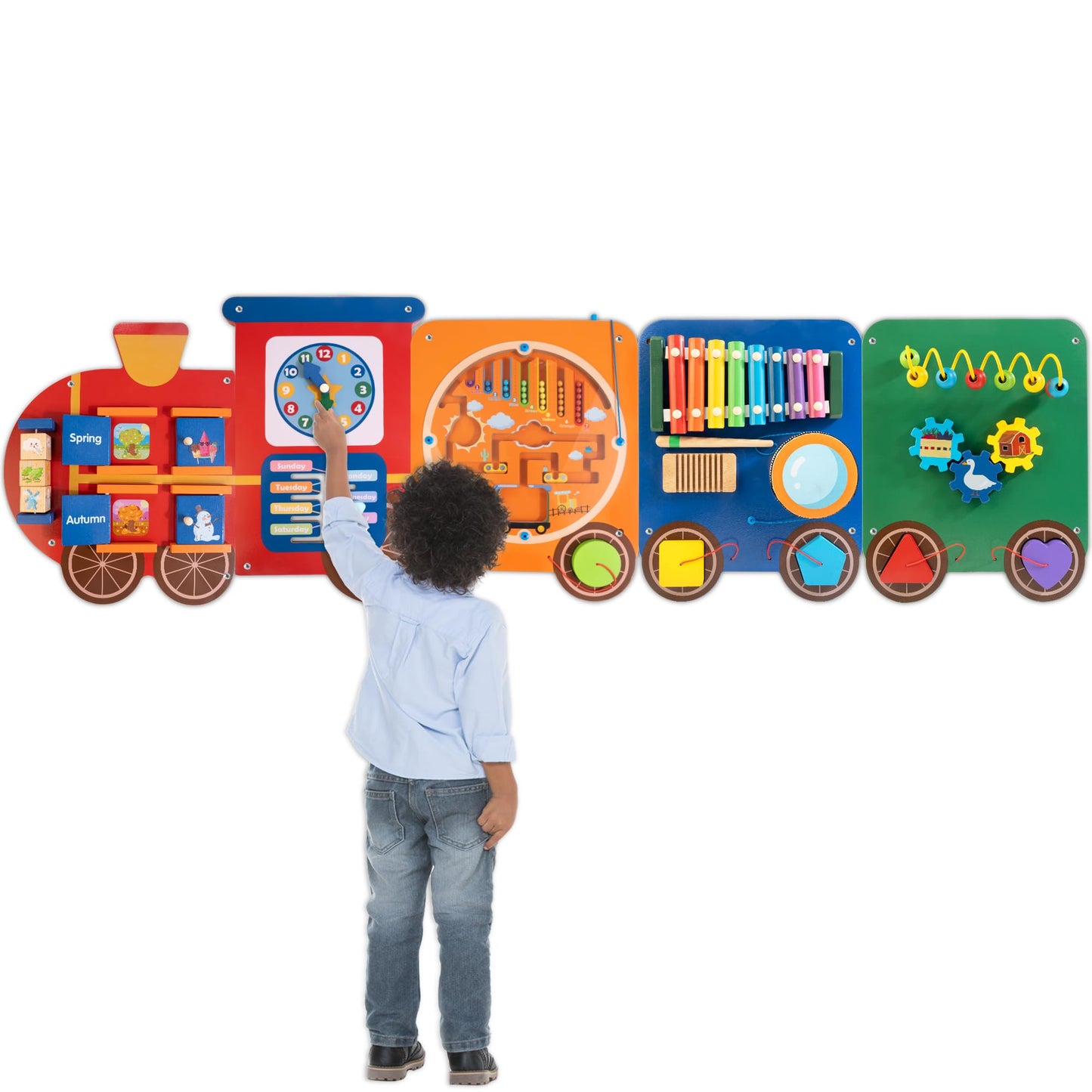 WOODMAM Train Activity Wall Panel — 11-in-1 Montessori Sensory Wall for Kids