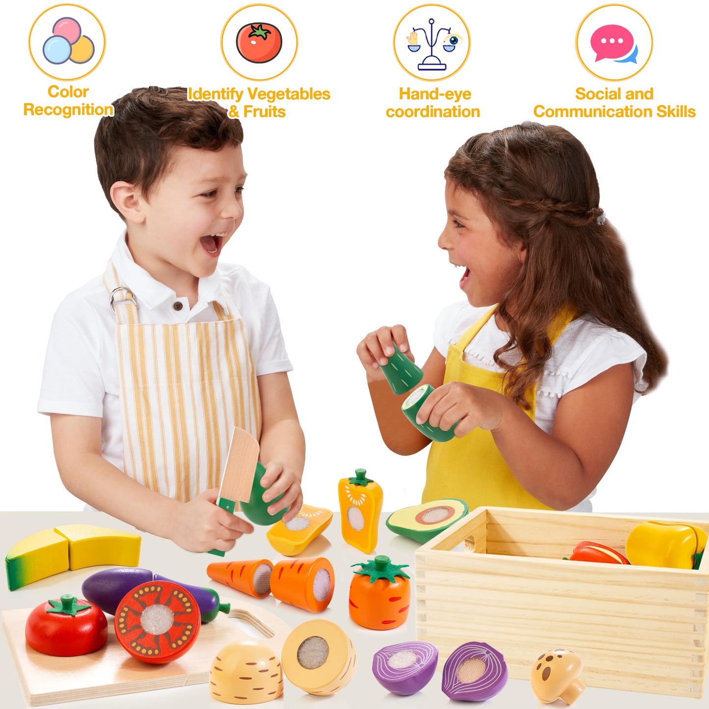 Woodmam Wooden Play Food Set for Kids Kitchen — Cutting Veggies & Fruits with Case