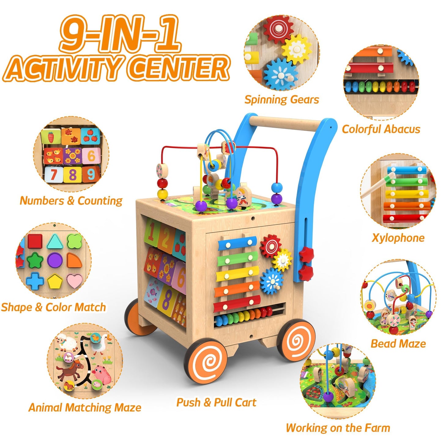 WOODMAM 9-in-1 Wooden Activity Cube & Baby Walker – Height & Brake Adjustable, Montessori-Inspired Learning