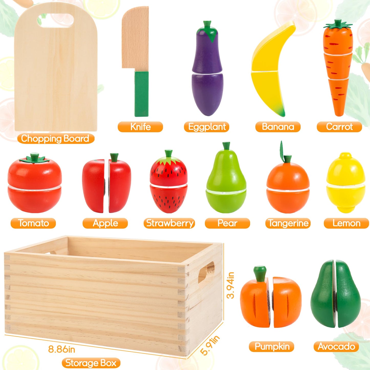 WOODMAM Wooden Play Food & Cutting Set for Toddlers – Pretend Kitchen