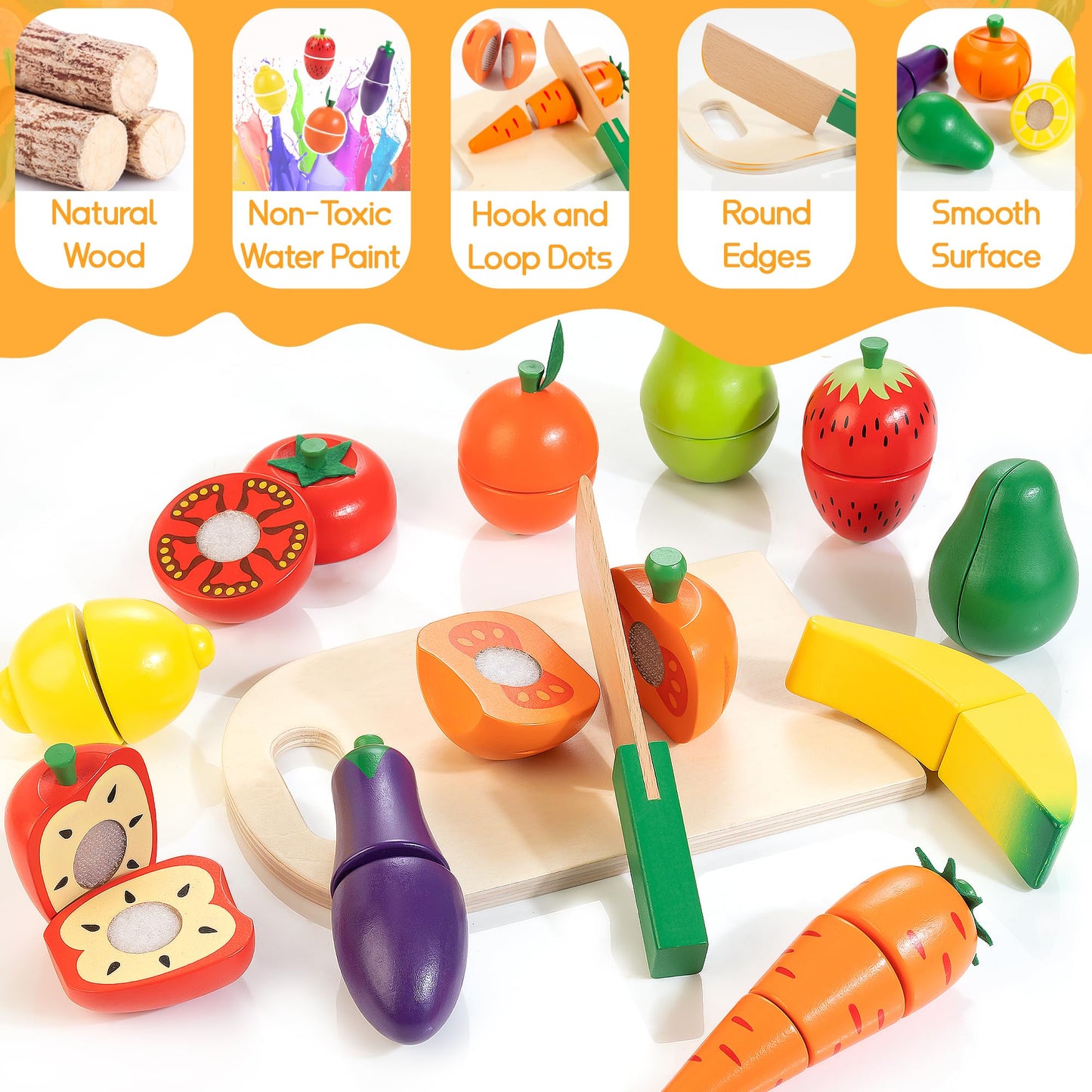 WOODMAM Wooden Play Food & Cutting Set for Toddlers – Pretend Kitchen