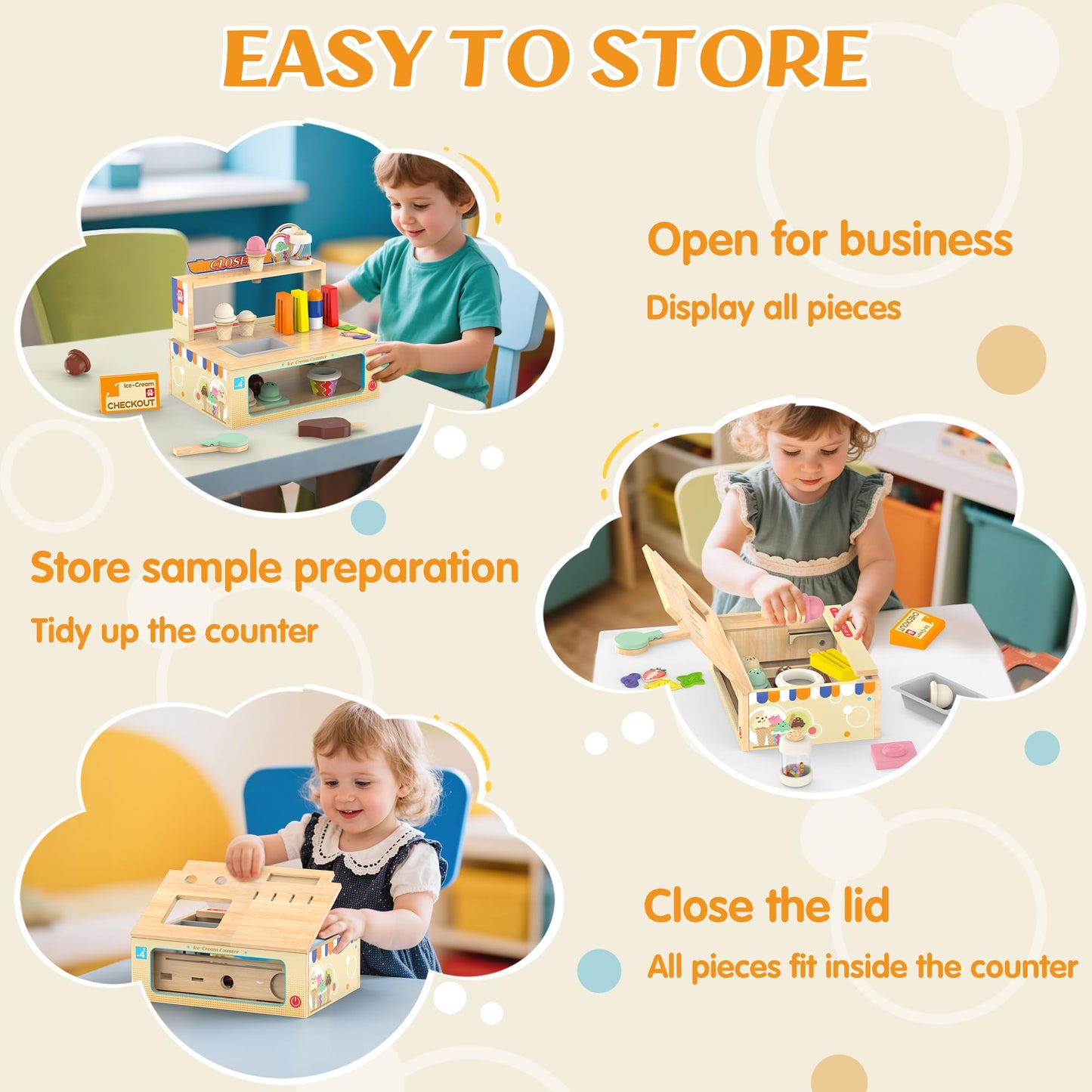WOODMAM Foldable Wooden Ice Cream Counter – 52-Piece Pretend Play Set for Kids