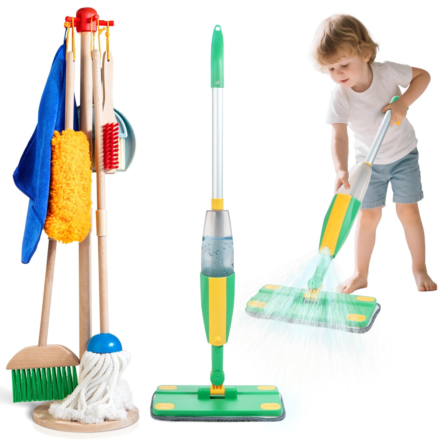 WOODMAM Wooden Kids Cleaning Set with Spray Mop – Montessori Pretend Play