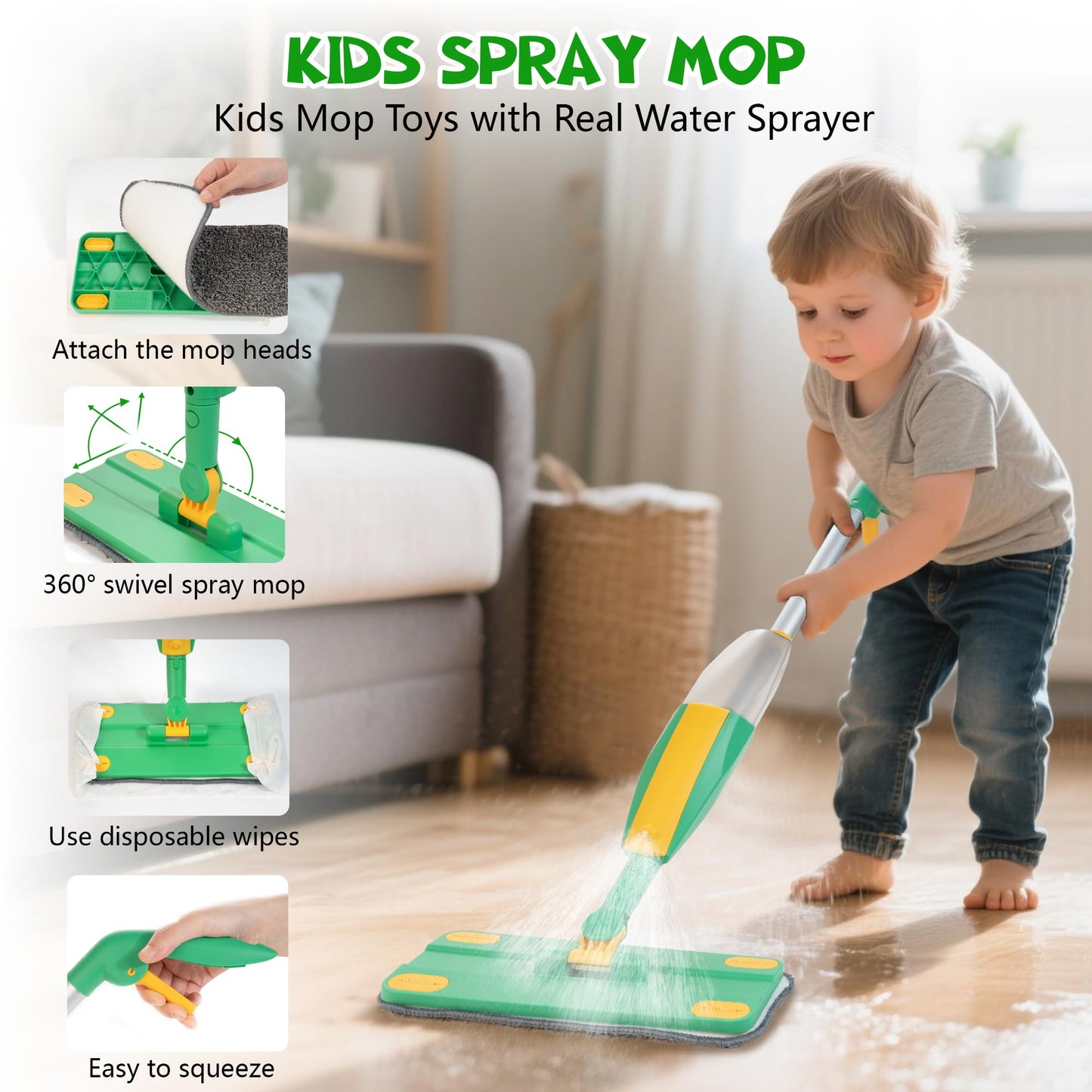 WOODMAM Wooden Kids Cleaning Set with Spray Mop – Montessori Pretend Play