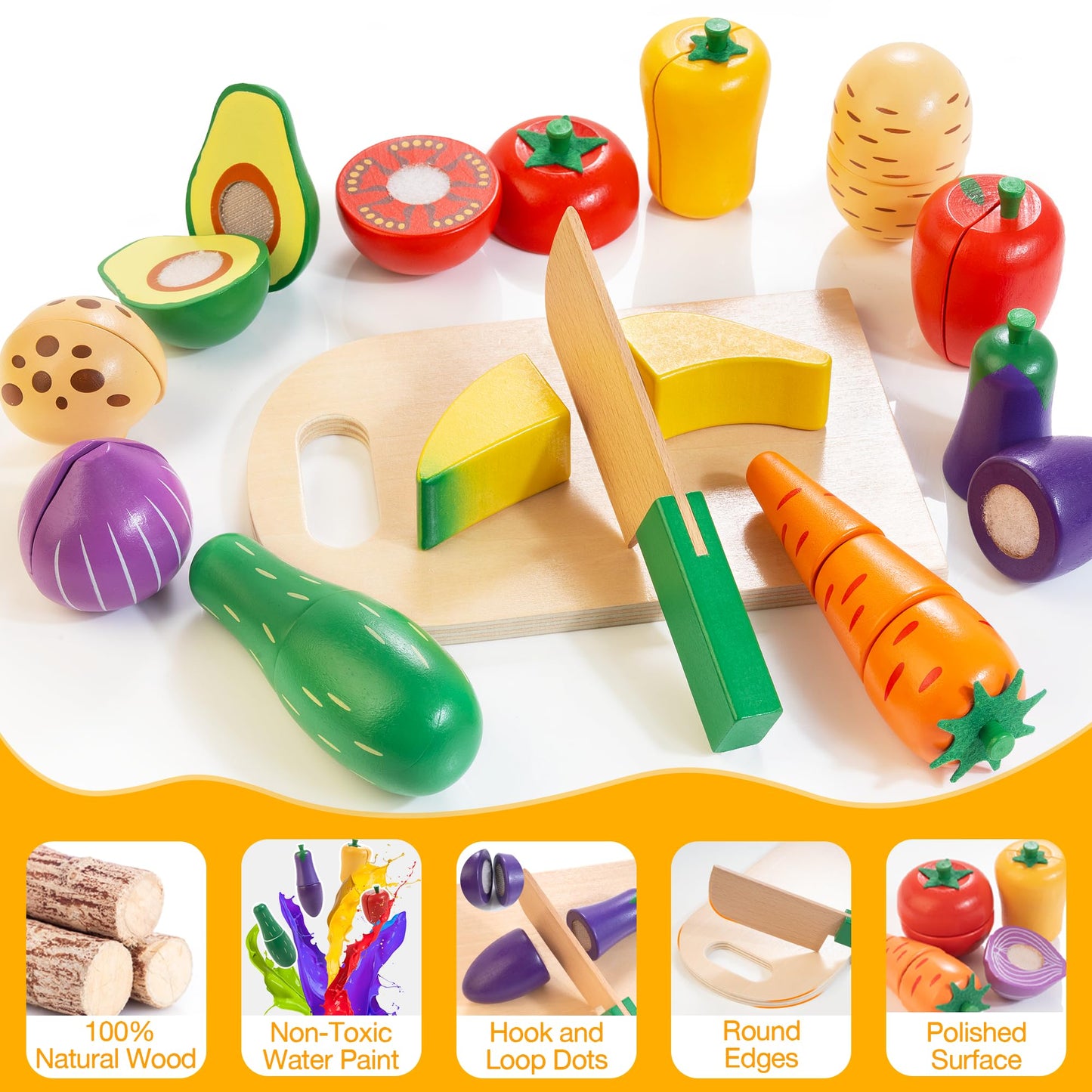 Woodmam Wooden Play Food Set for Kids Kitchen — Cutting Veggies & Fruits with Case