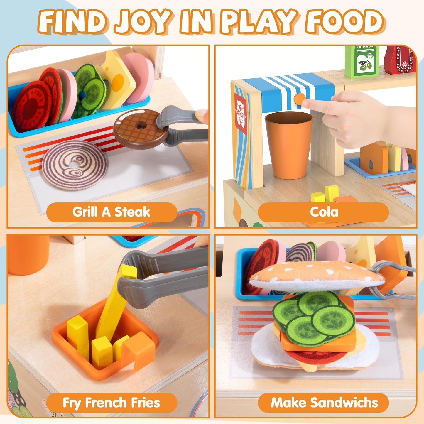 WOODMAM Foldable Wooden Play Food Sandwich Counter – 56-Piece Kitchen Set for Kids