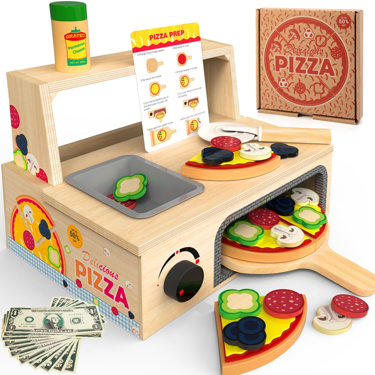 WOODMAM 48-Piece Wooden Pizza Toy – Montessori Pretend Play with Bake Oven