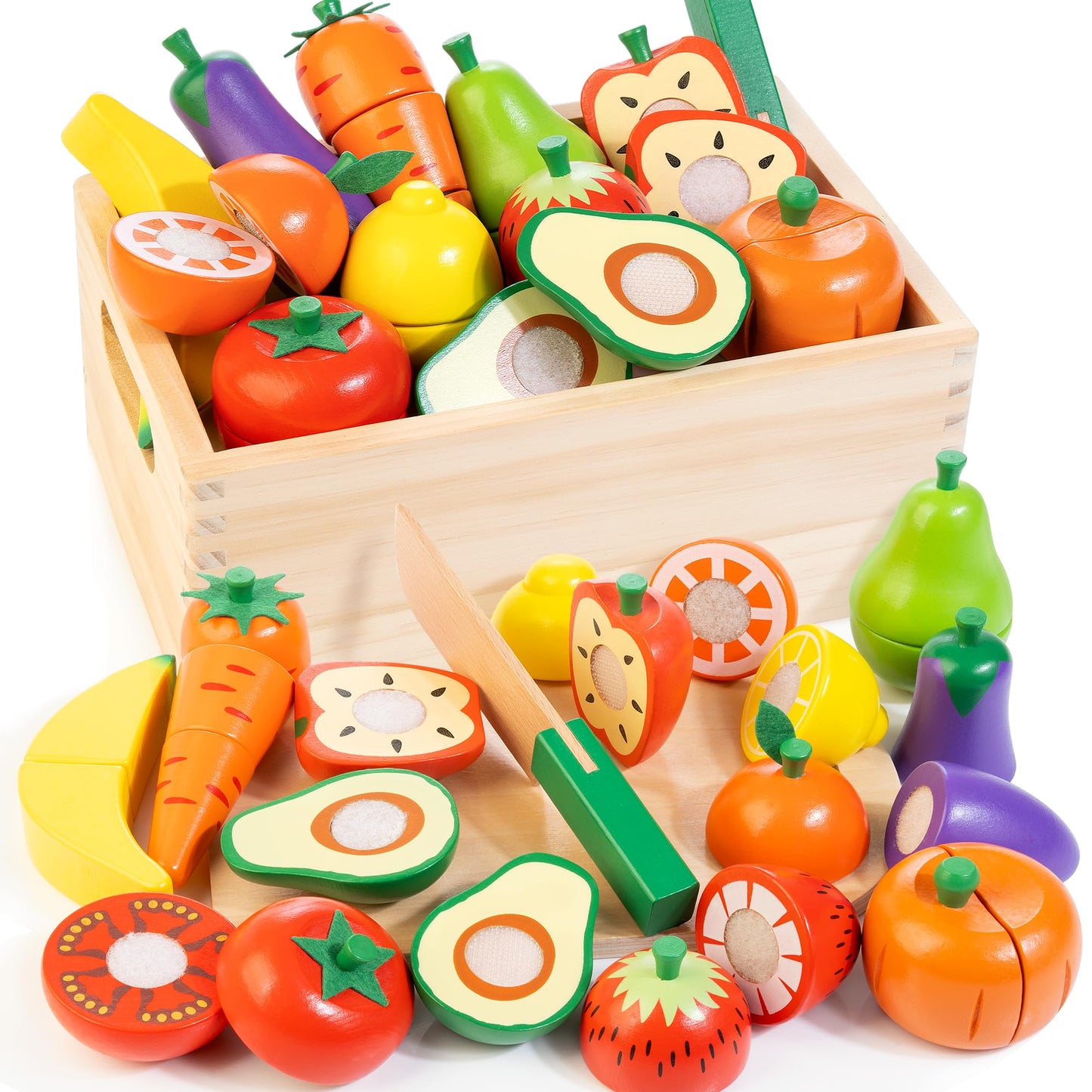 WOODMAM Wooden Play Food & Cutting Set for Toddlers – Pretend Kitchen