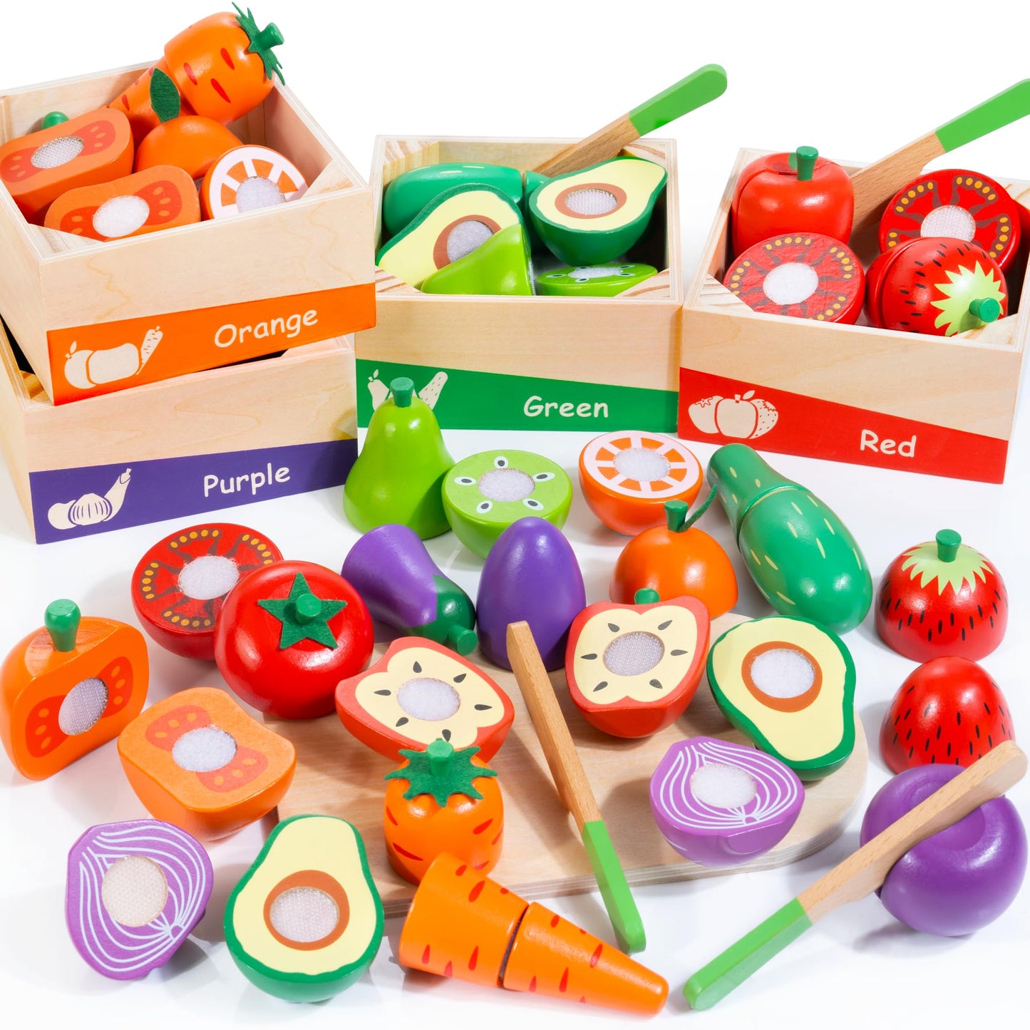 WOODMAM Wooden Play Food for Toddlers – Colorful Fruits & Veggies Cutting Set