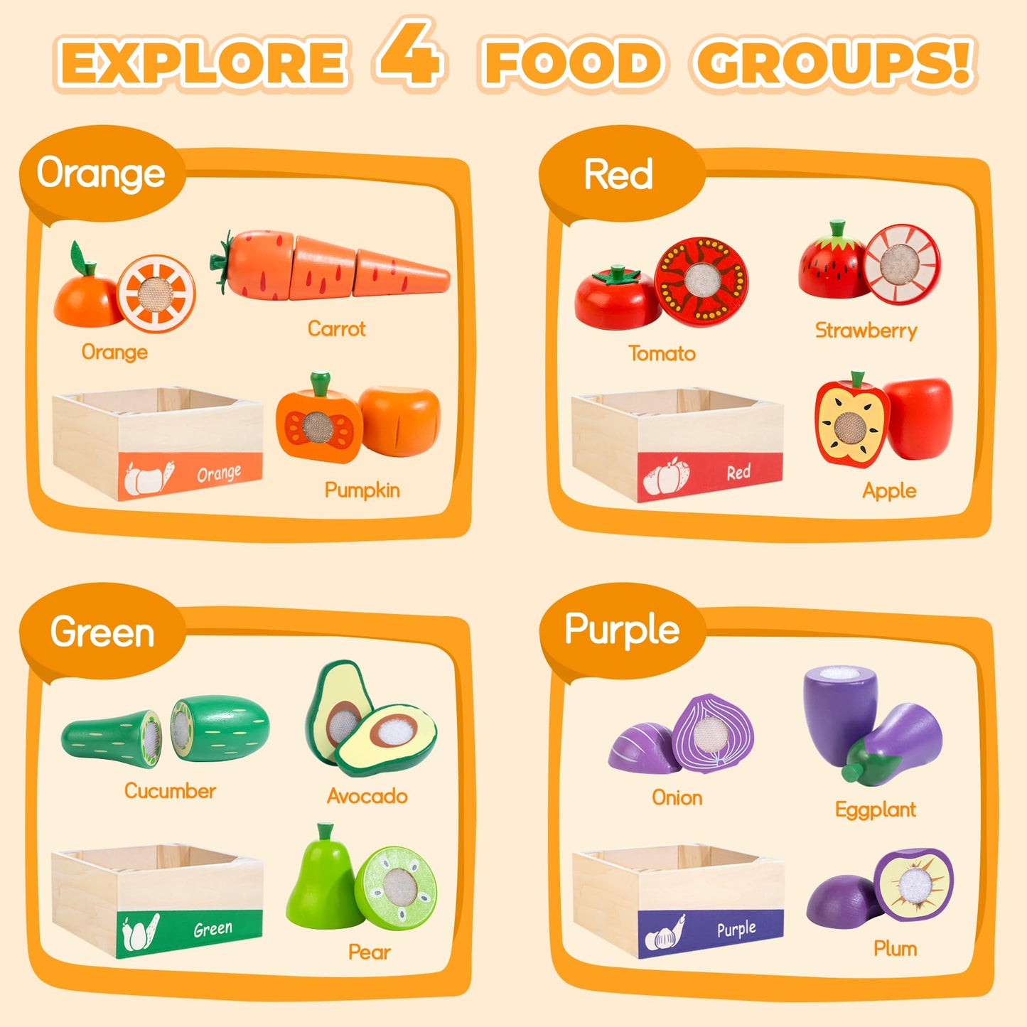 WOODMAM Wooden Play Food for Toddlers – Colorful Fruits & Veggies Cutting Set