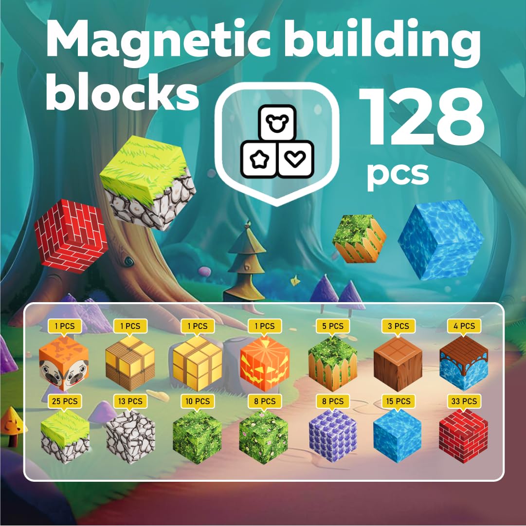WoodnPlay Magnetic Blocks 128PCS – STEM & Montessori Magnet Kit for Kids 3-12