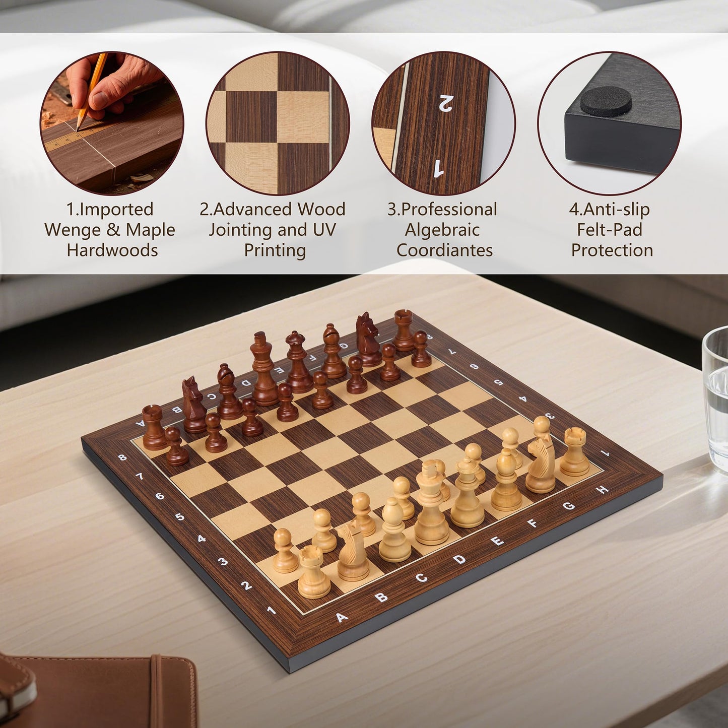 Woodronic 16 Inch Wooden Chess Board – Premium Tournament Board with Notation