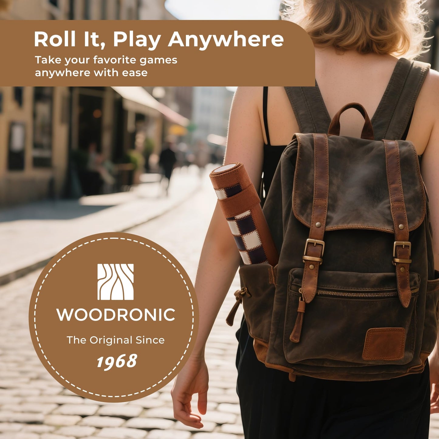 Woodronic 3-in-1 Travel Chess Backgammon Checkers Set | Roll-Up Leather Board, 32 Pearl Pieces