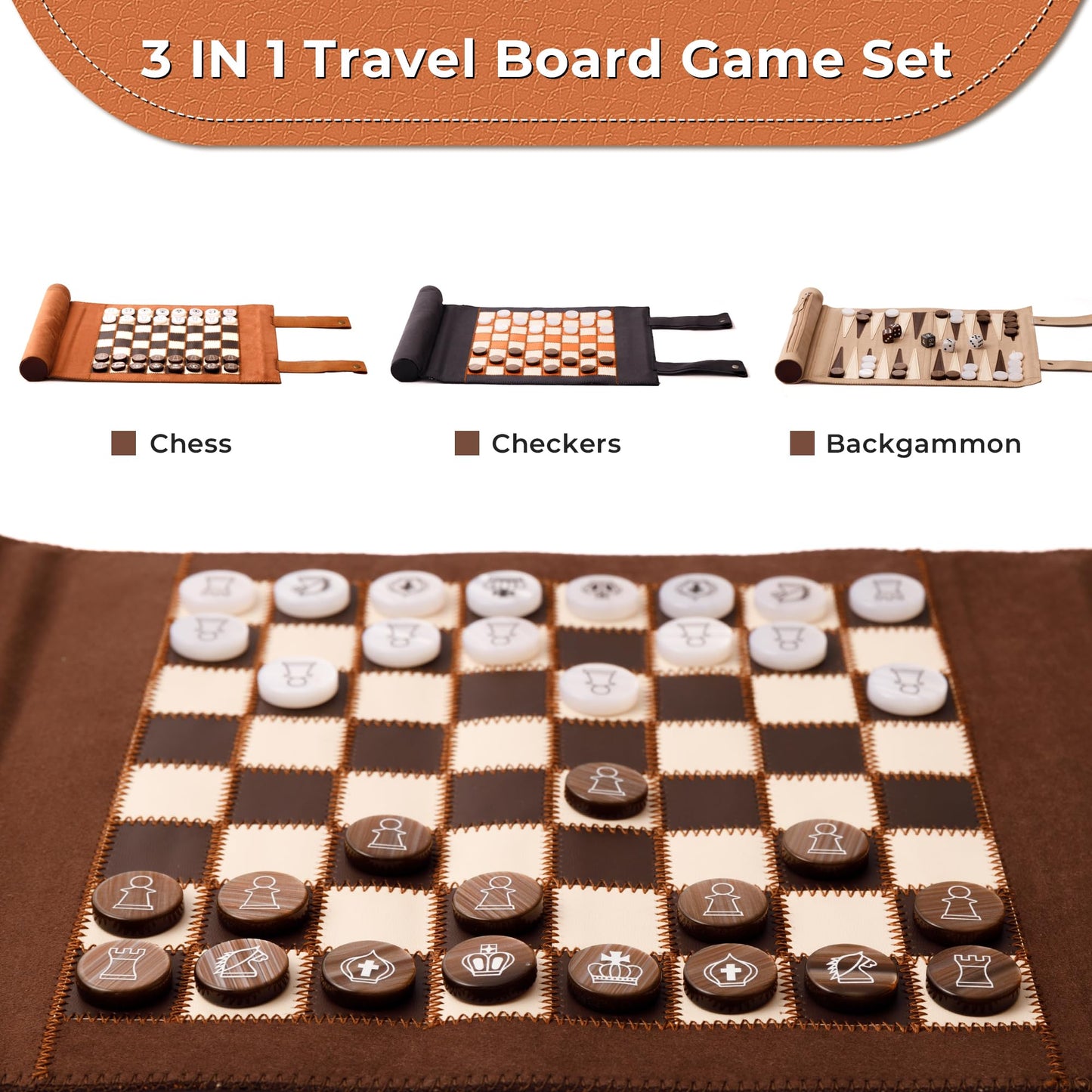 Woodronic 3-in-1 Travel Chess Backgammon Checkers Set | Roll-Up Leather Board, 32 Pearl Pieces