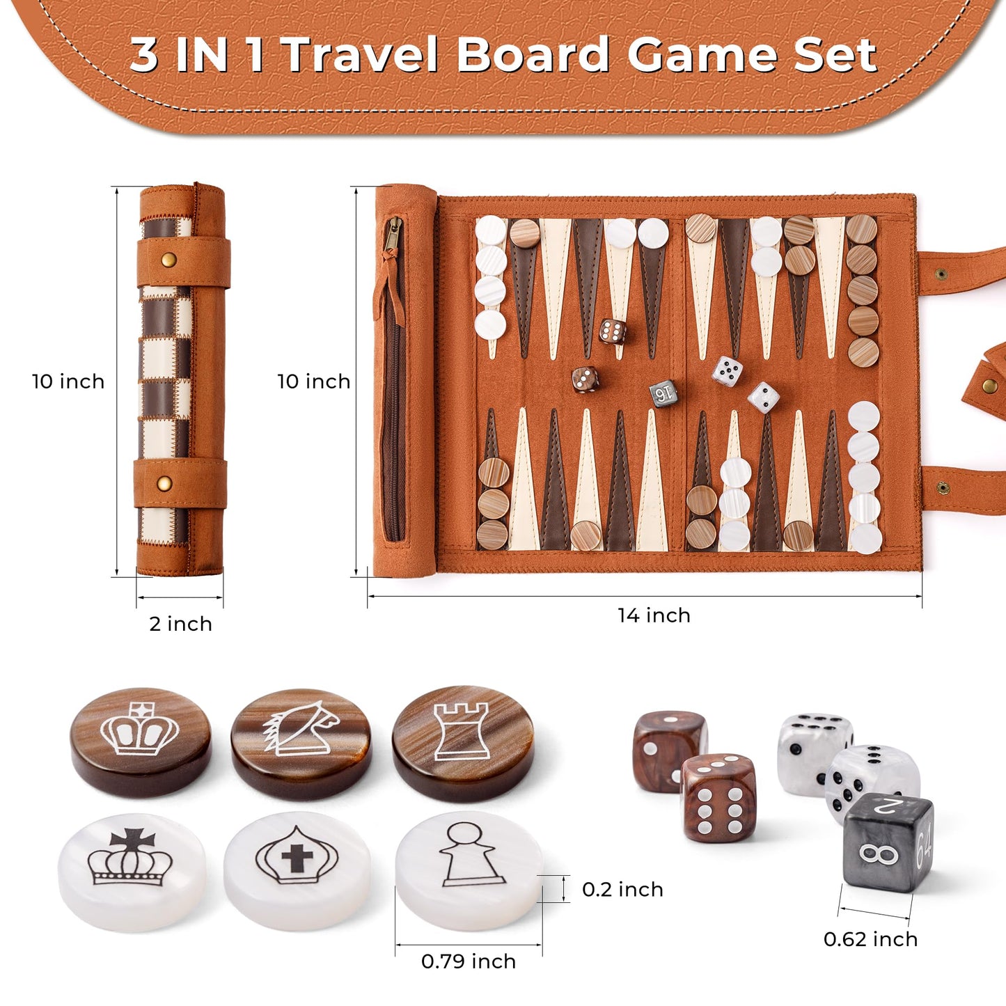 Woodronic 3-in-1 Travel Chess Backgammon Checkers Set | Roll-Up Leather Board, 32 Pearl Pieces