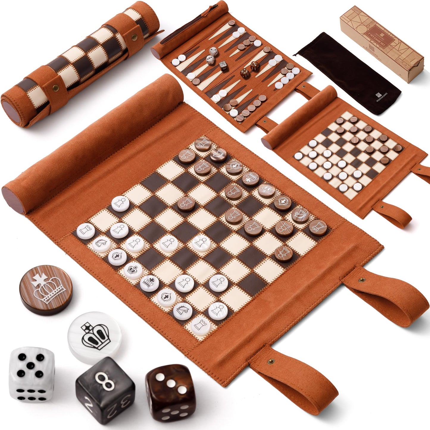 Woodronic 3-in-1 Travel Chess Backgammon Checkers Set | Roll-Up Leather Board, 32 Pearl Pieces