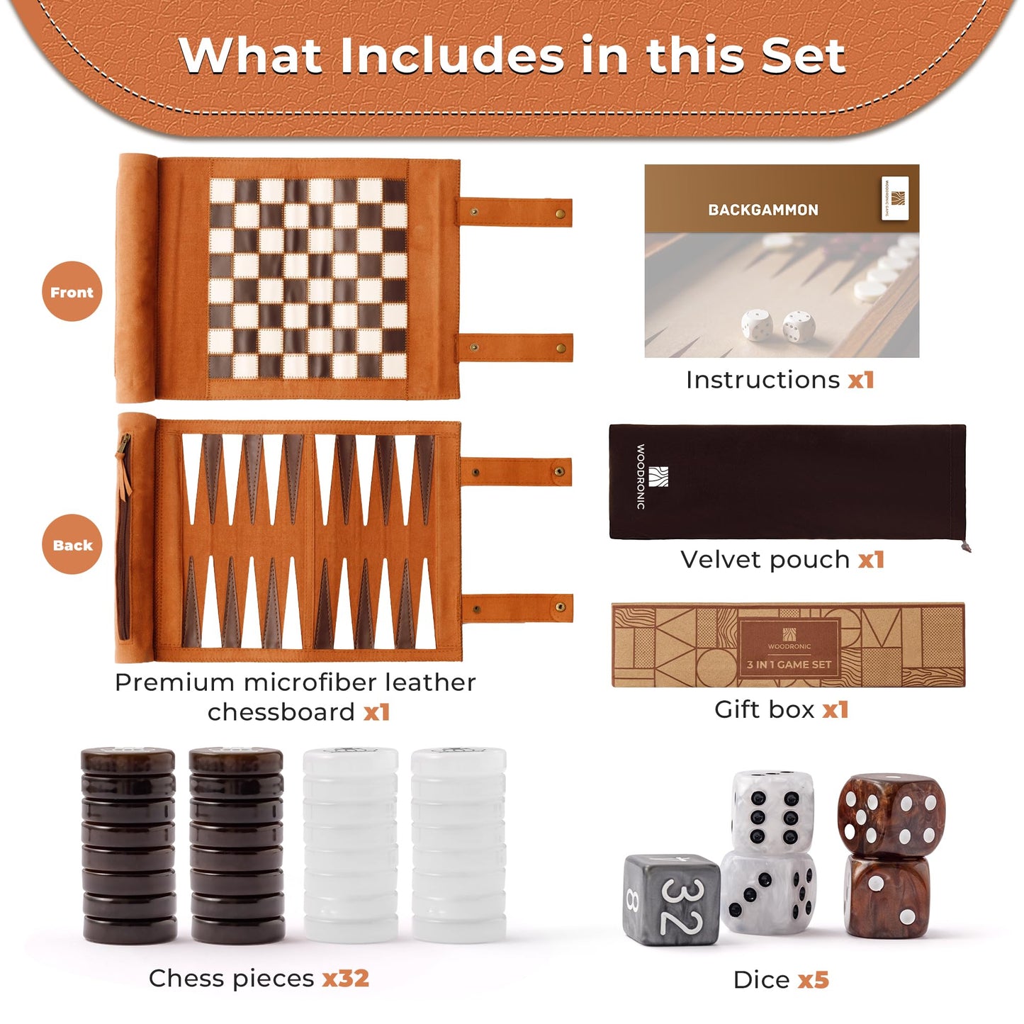Woodronic 3-in-1 Travel Chess Backgammon Checkers Set | Roll-Up Leather Board, 32 Pearl Pieces