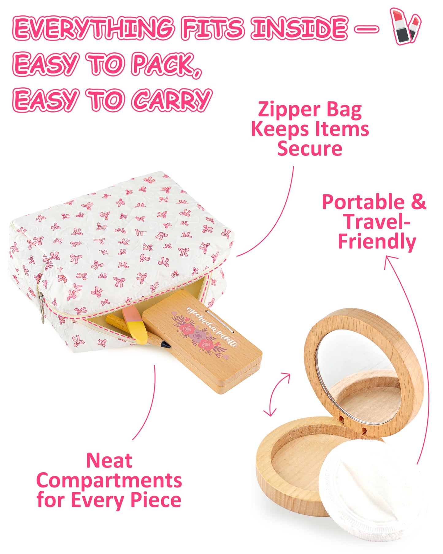 WoodsyJoy Wooden Pretend Makeup Kit for Girls 3–5 — 14-Piece Safe, Mess-Free Playset with Mirror & Bag