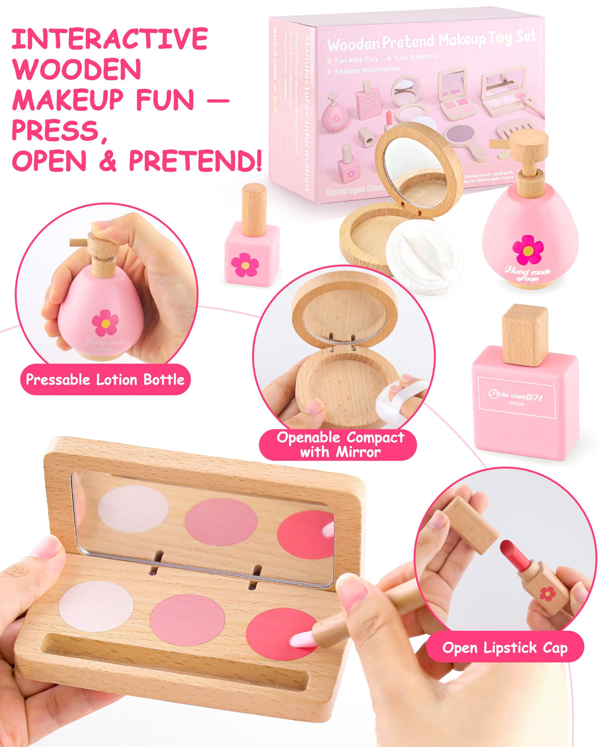 WoodsyJoy Wooden Pretend Makeup Kit for Girls 3–5 — 14-Piece Safe, Mess-Free Playset with Mirror & Bag