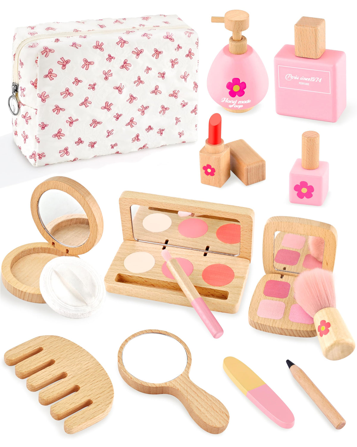 WoodsyJoy Wooden Pretend Makeup Kit for Girls 3–5 — 14-Piece Safe, Mess-Free Playset with Mirror & Bag