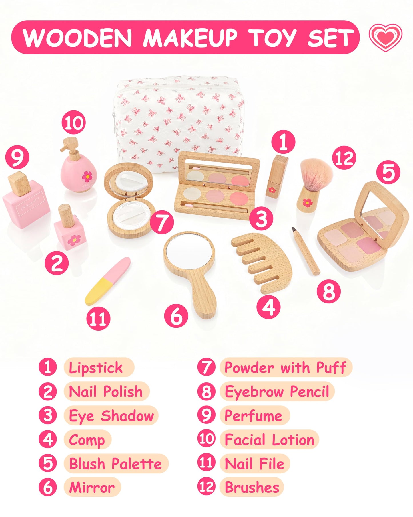 WoodsyJoy Wooden Pretend Makeup Kit for Girls 3–5 — 14-Piece Safe, Mess-Free Playset with Mirror & Bag