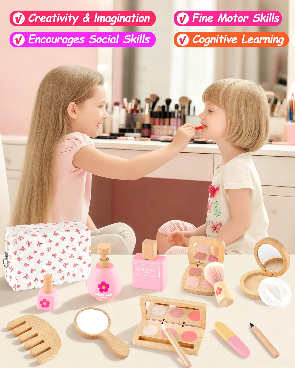 WoodsyJoy Wooden Pretend Makeup Kit for Girls 3–5 — 14-Piece Safe, Mess-Free Playset with Mirror & Bag