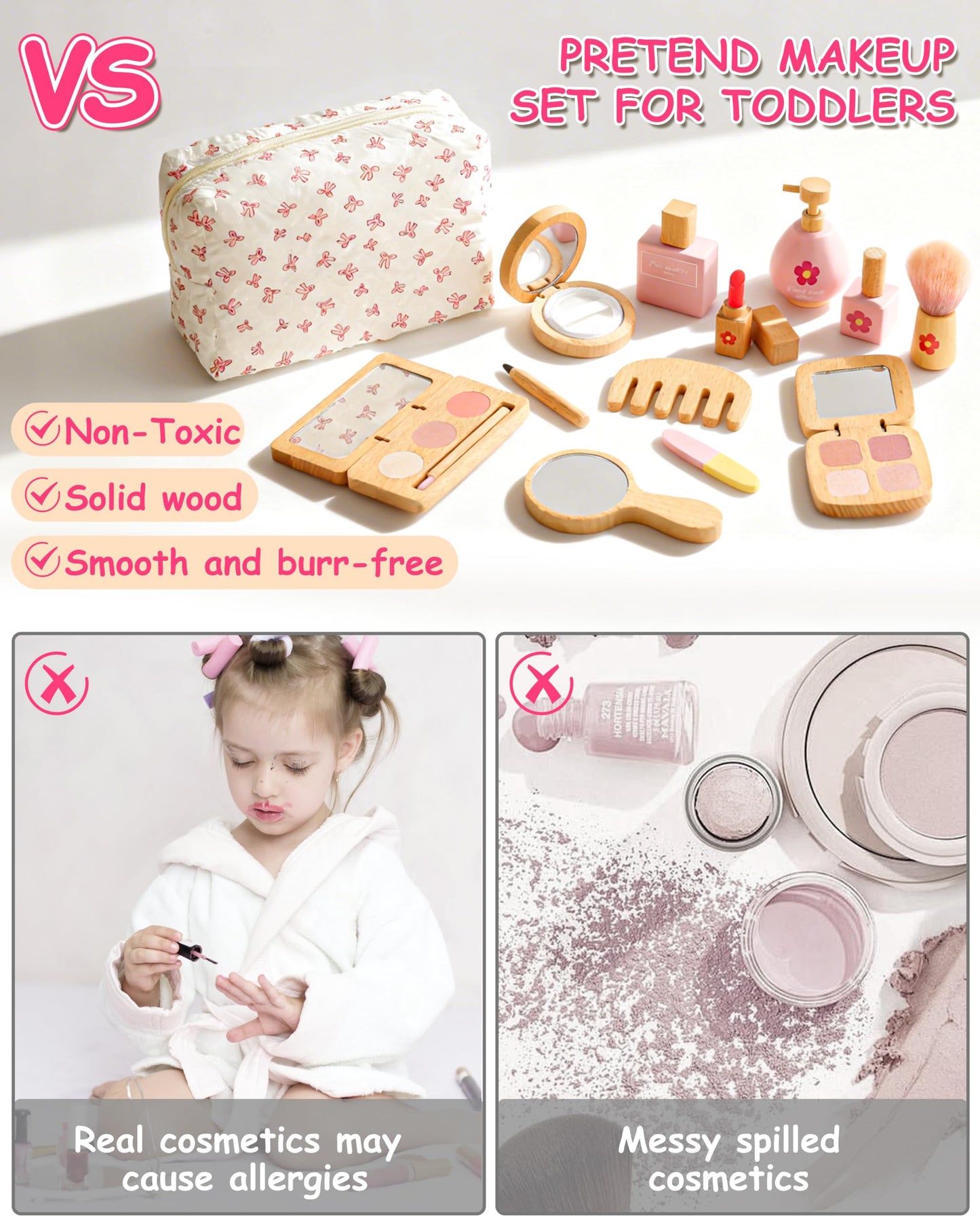 WoodsyJoy Wooden Pretend Makeup Kit for Girls 3–5 — 14-Piece Safe, Mess-Free Playset with Mirror & Bag