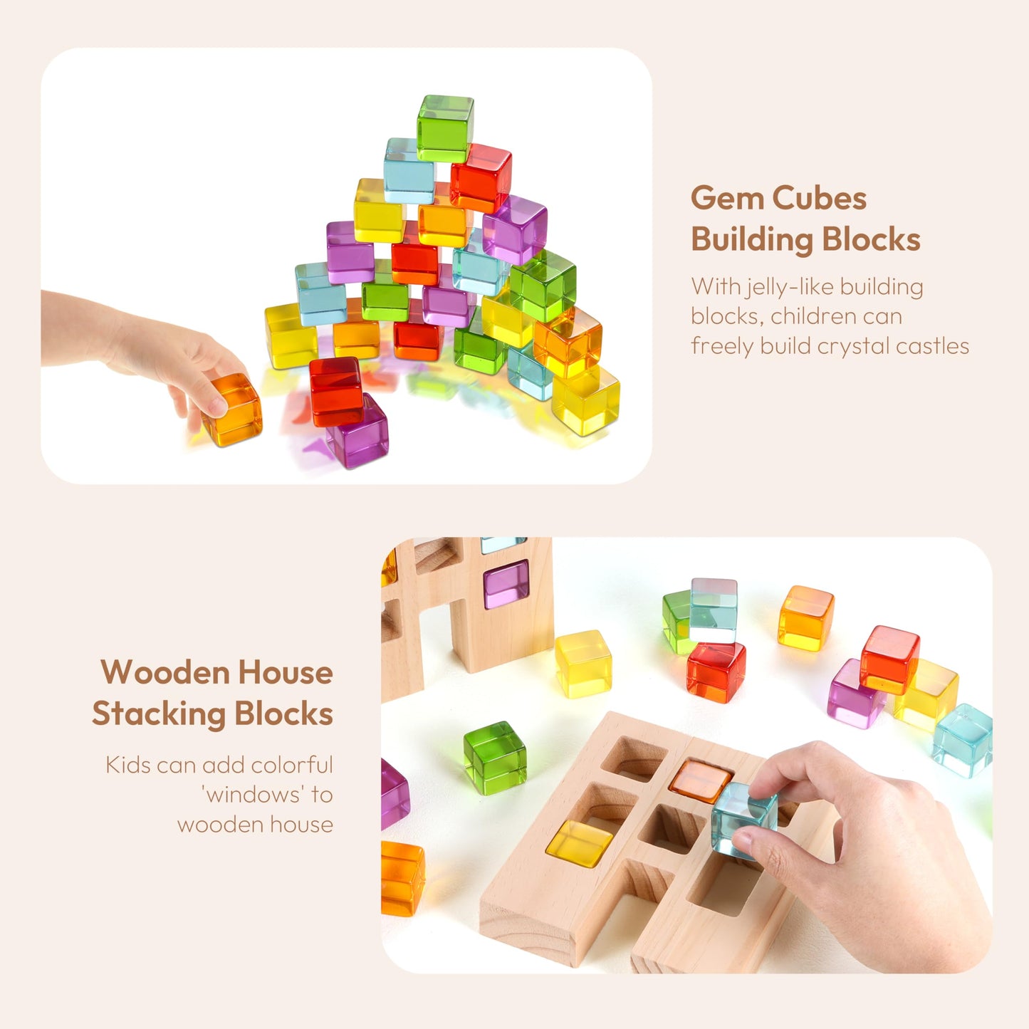 Woodtoe Wooden Building Blocks Set – 24 Rainbow Gem Cubes, Montessori STEM Toy for Toddlers 3-6