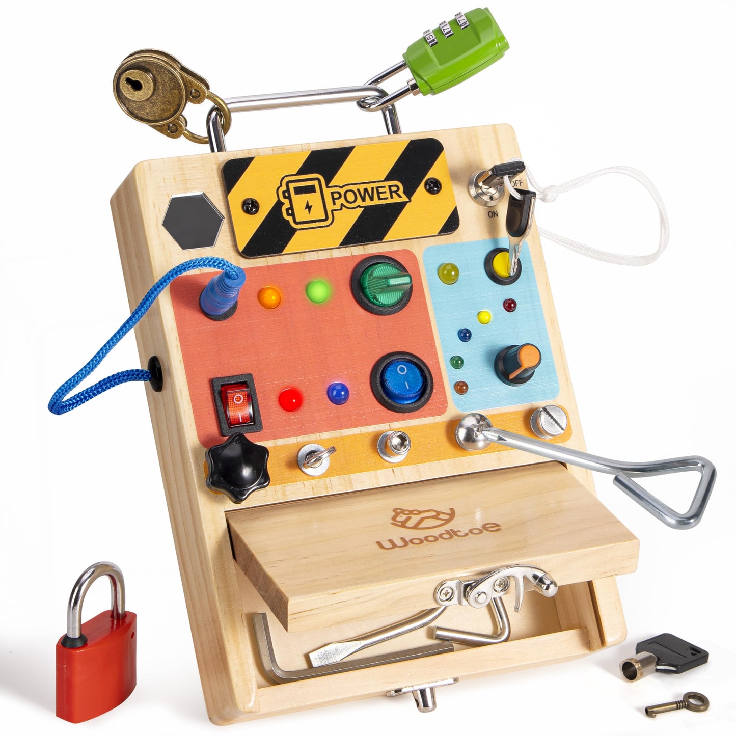 Woodtoe Montessori Busy Board for Toddlers – 3-in-1 LED Light Switch, Screwdriver & Lock & Key Toy