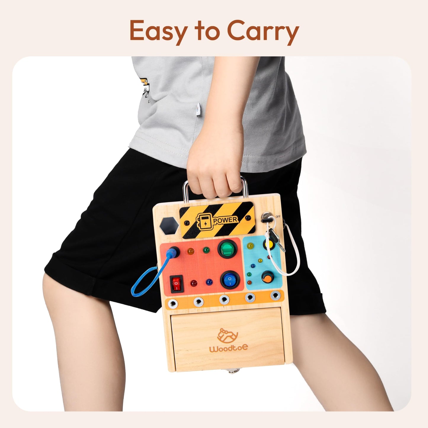 Woodtoe Montessori Busy Board for Toddlers – 3-in-1 LED Light Switch, Screwdriver & Lock & Key Toy