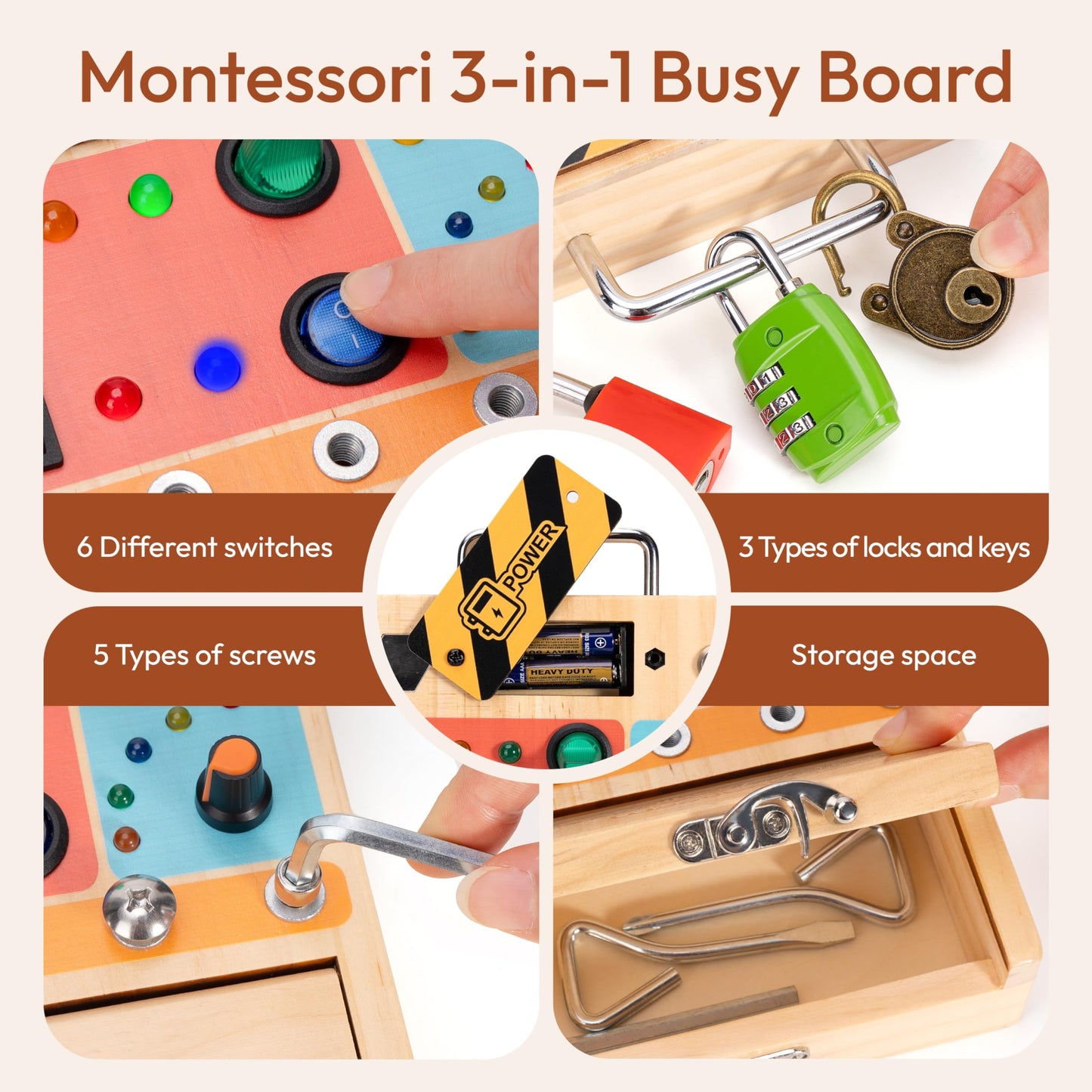 Woodtoe Montessori Busy Board for Toddlers – 3-in-1 LED Light Switch, Screwdriver & Lock & Key Toy