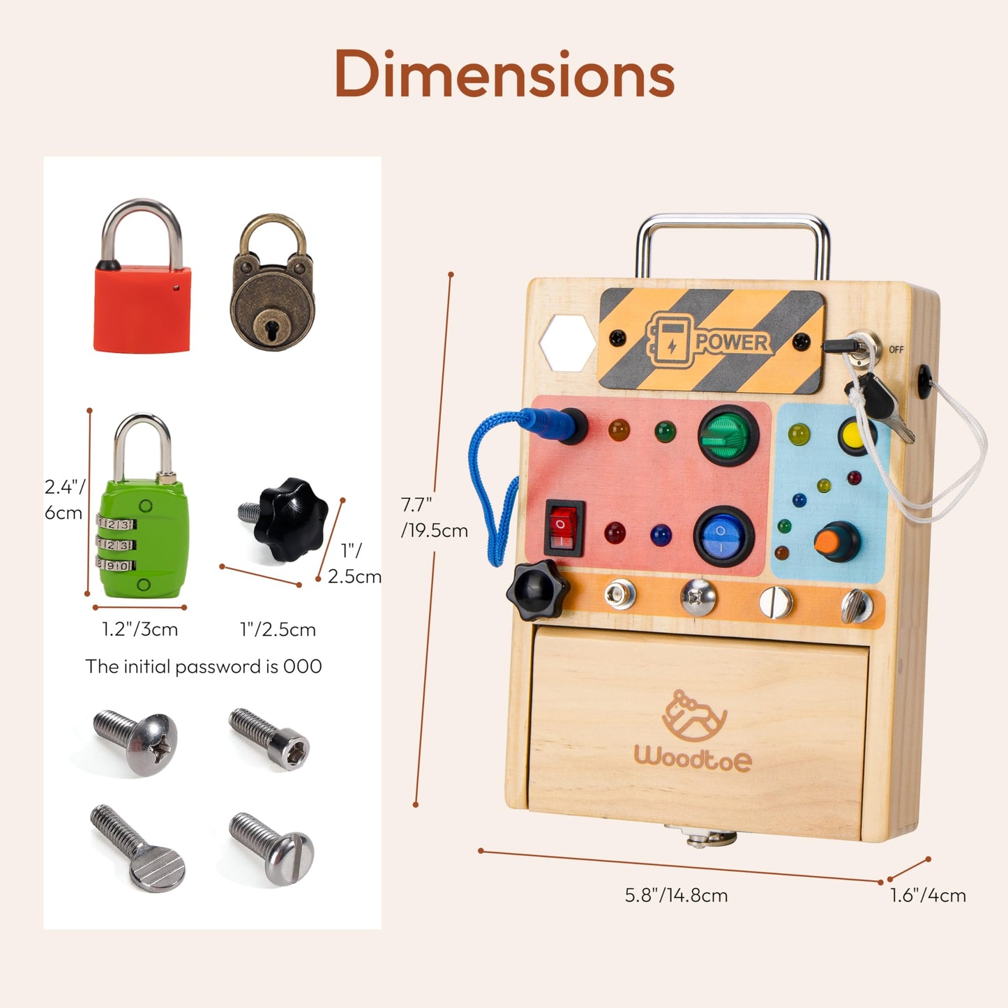 Woodtoe Montessori Busy Board for Toddlers – 3-in-1 LED Light Switch, Screwdriver & Lock & Key Toy