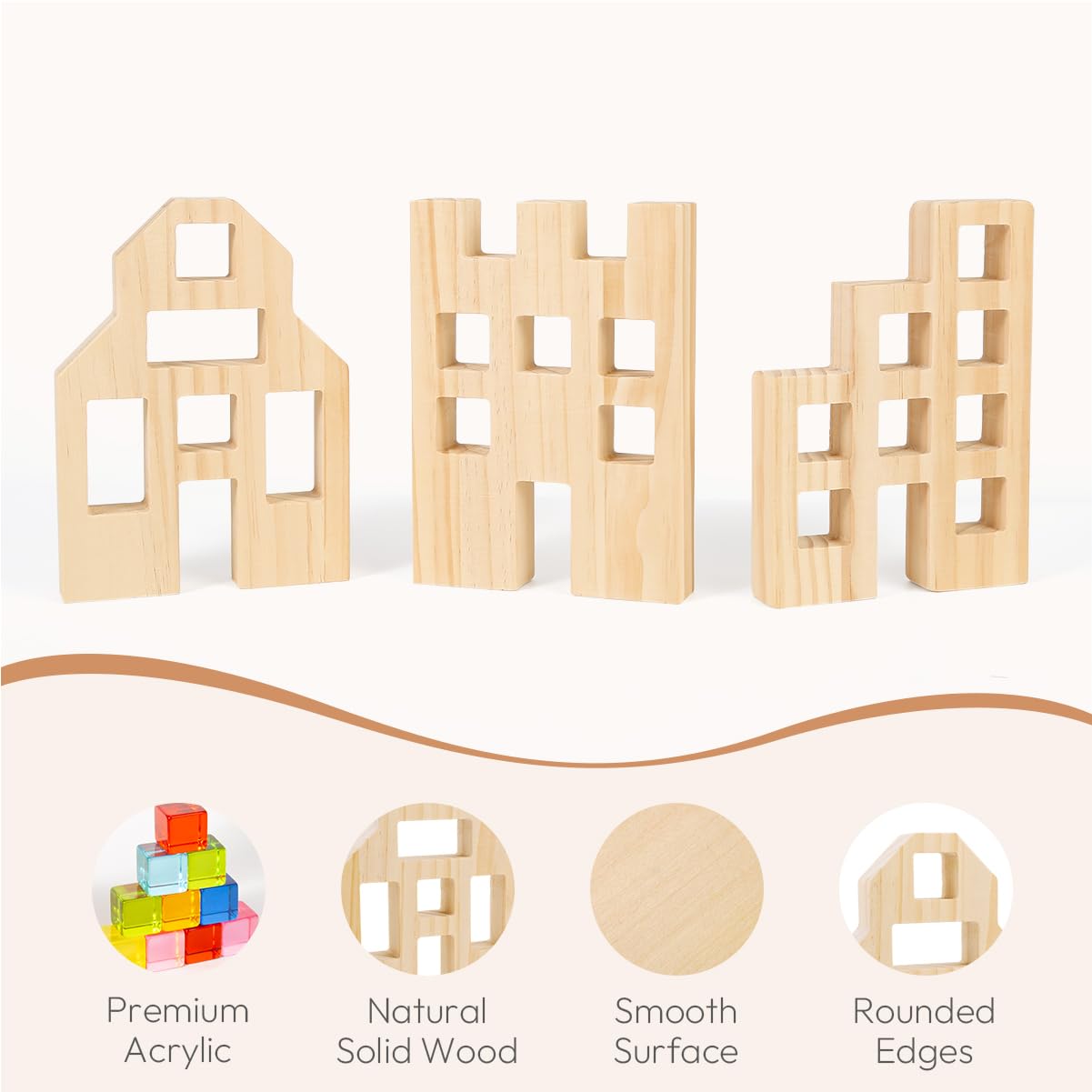 Woodtoe 36-Piece Rainbow Gem Blocks — Montessori Wooden House Stacking Toy for Toddlers 3-6