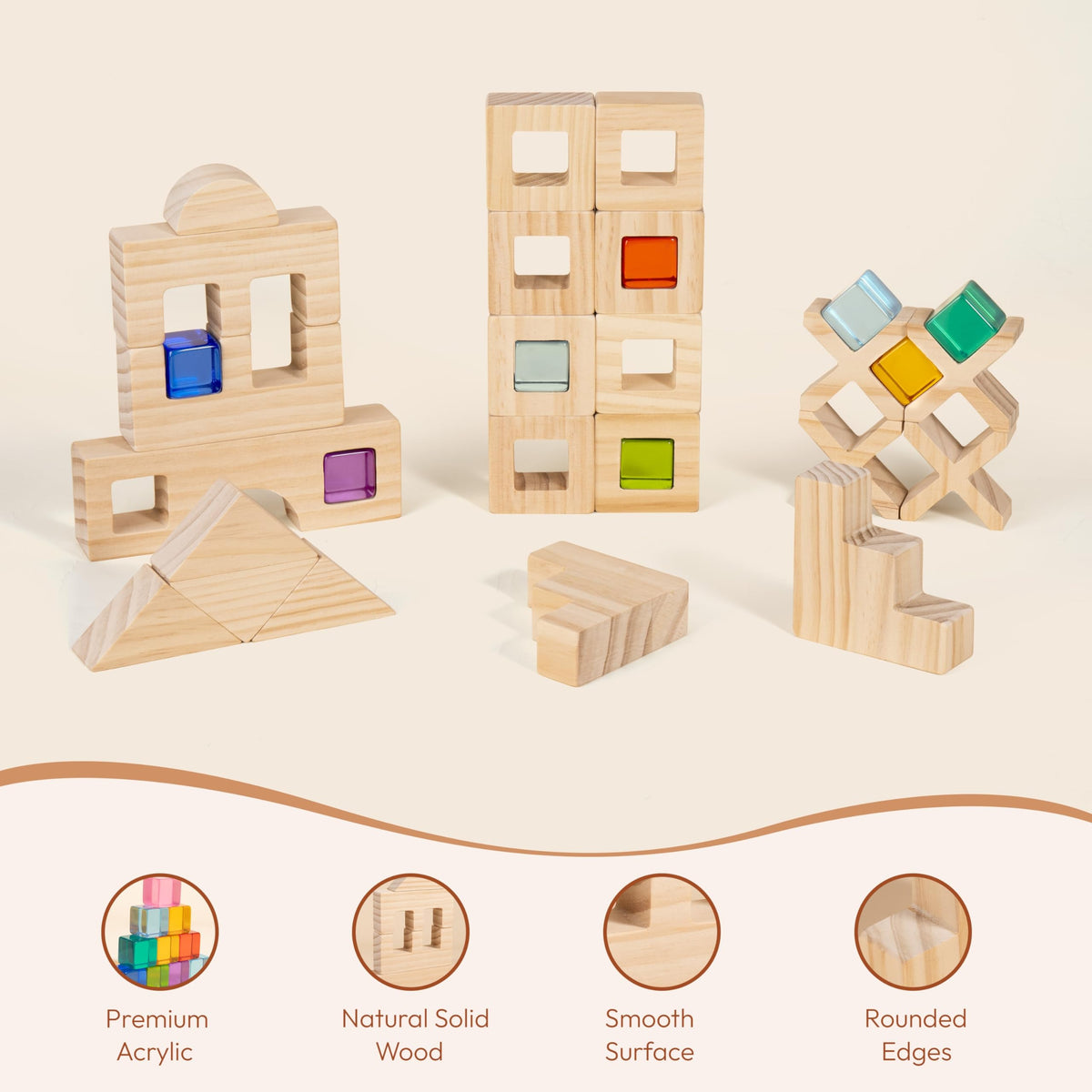 Woodtoe Rainbow Wooden Blocks Set – 22 Blocks + 25 Gem Cubes, Montessori STEM Toy (3-6)