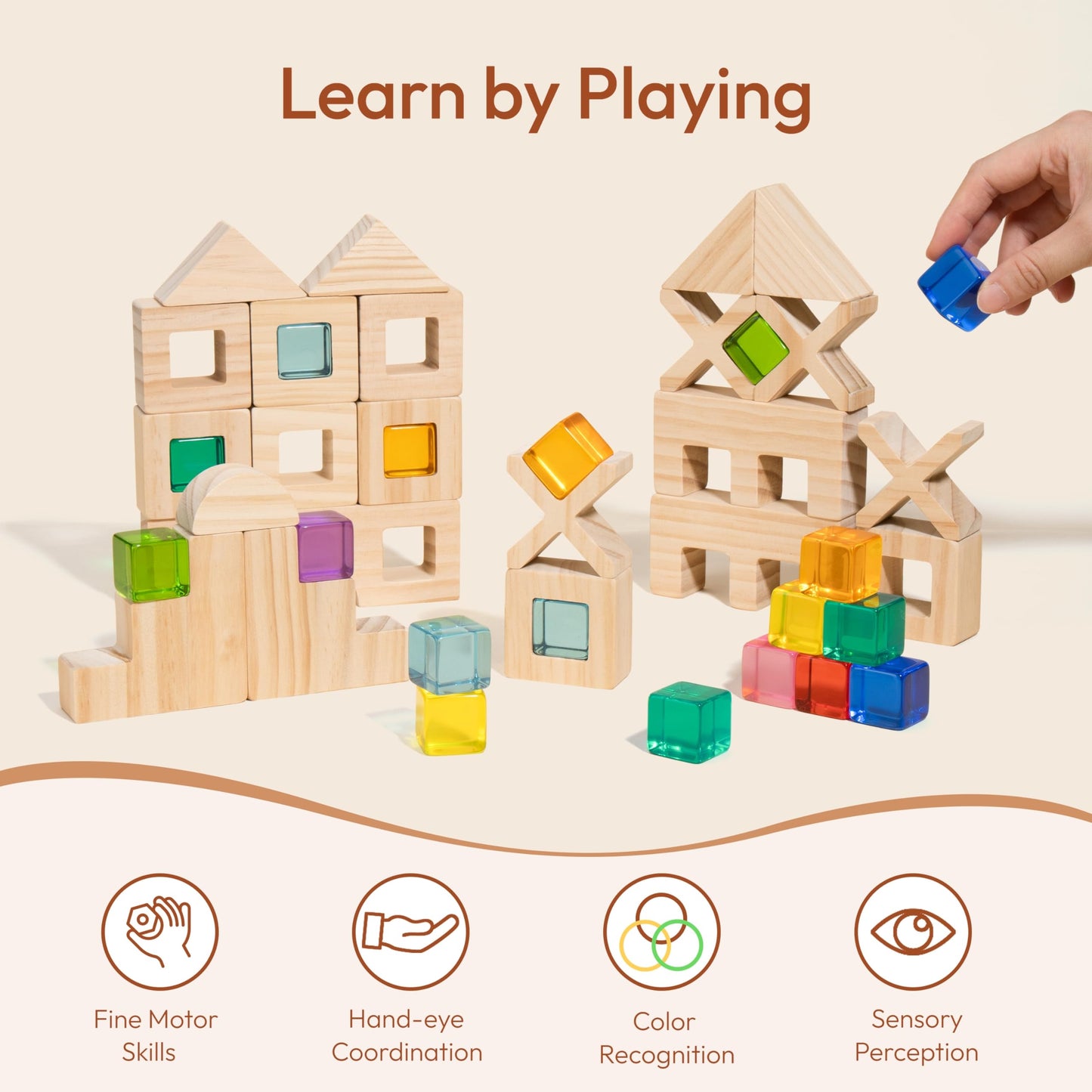Woodtoe Rainbow Wooden Blocks Set – 22 Blocks + 25 Gem Cubes, Montessori STEM Toy (3-6)