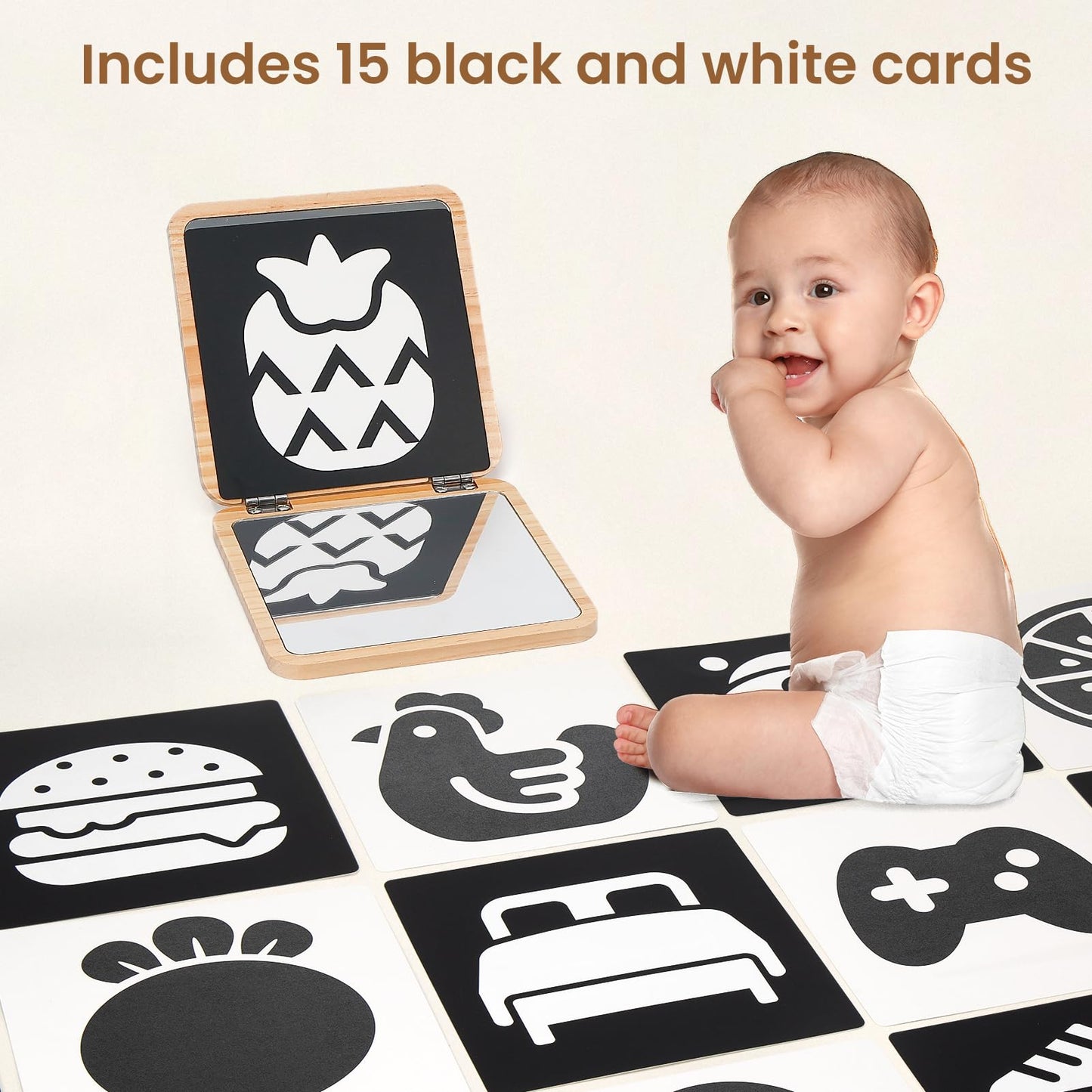 Woodtoe Tummy Time Mirror for Infant – Adjustable 0–180°, Dual Mirrors, 15 High-Contrast Cards, Safe & Portable