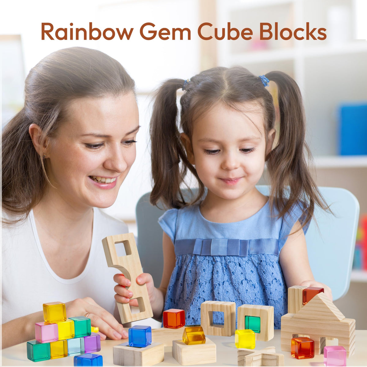 Woodtoe Rainbow Wooden Blocks Set – 22 Blocks + 25 Gem Cubes, Montessori STEM Toy (3-6)